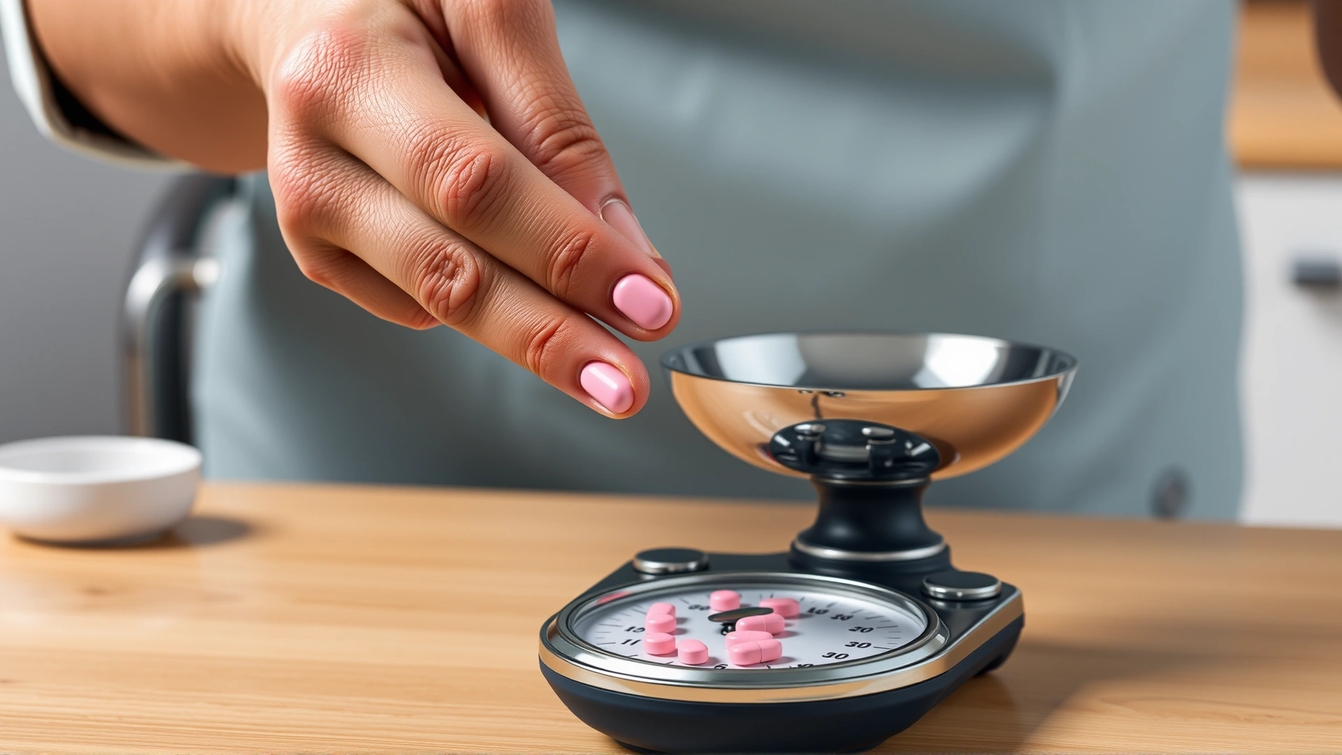 Owner hand holding a single pink pill near a small kitchen scale, concept of accurate medication dosage for pets