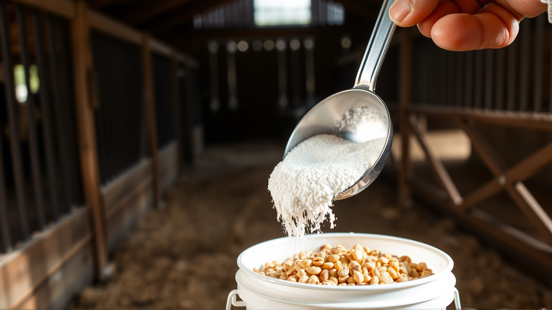 Measuring scoop pouring white antifungal powder onto a small portion of horse feed in a bucket inside a barn, soft natural lighting.