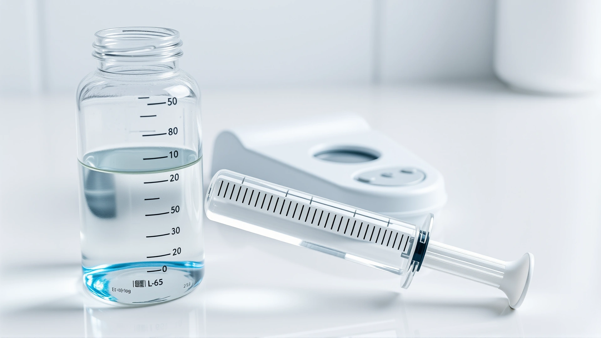 Close-up of a measuring syringe filled with clear liquid next to an unlabeled medicine bottle and a small scale, on a clean white countertop