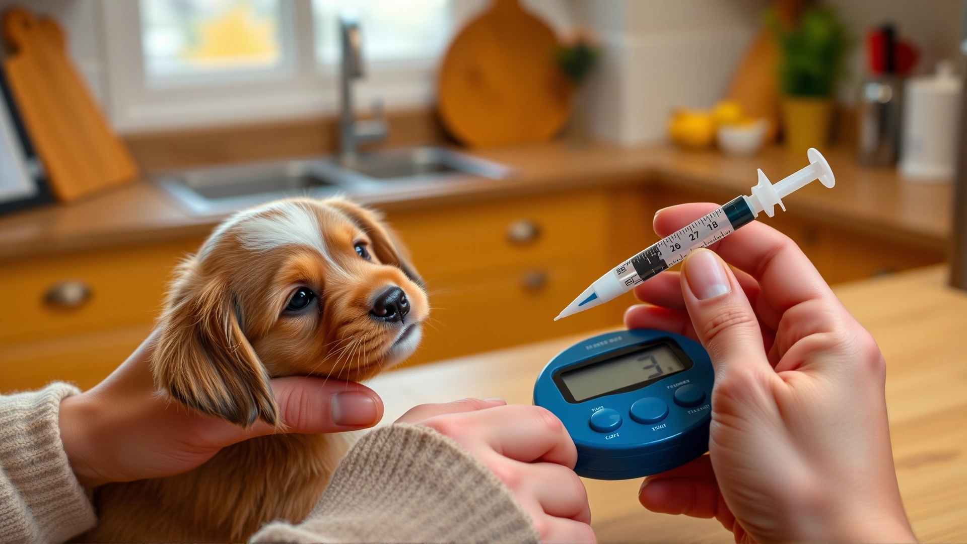 Pet owner’s hands using a digital scale and oral syringe to measure precise medicine dosage for a small puppy, home kitchen background, warm tones, high resolution