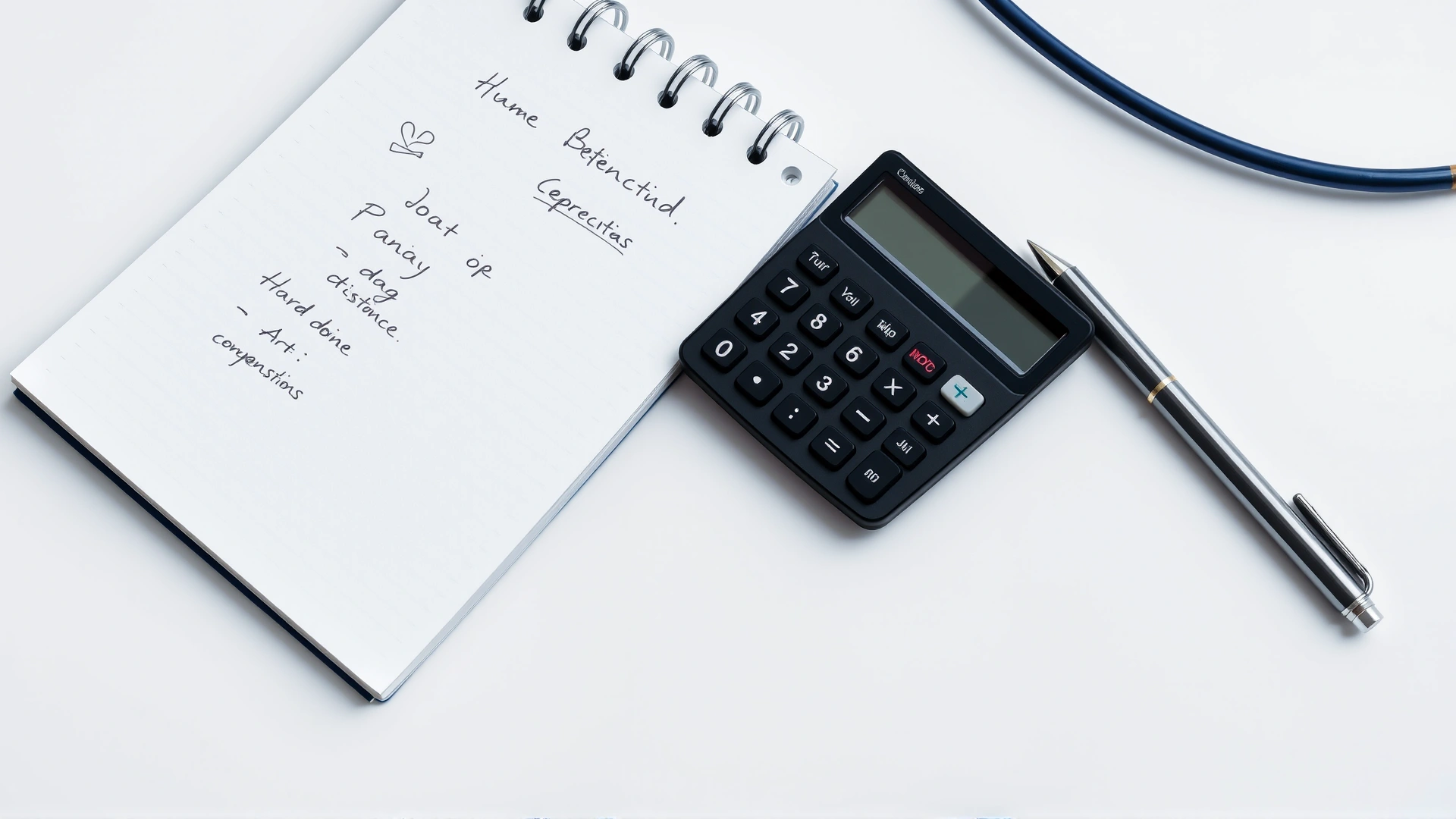 Flat-lay of a veterinarian’s workspace with a notebook displaying hand-drawn dosing notes, a calculator, and a pen; neutral background.