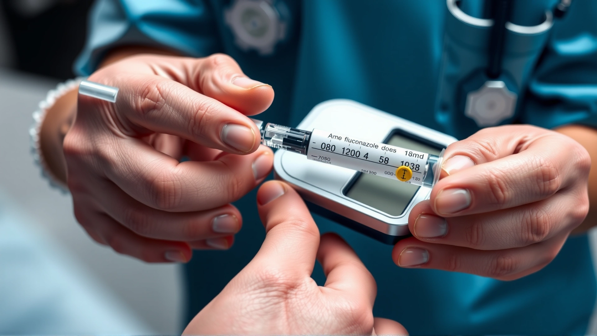 Close-up of a veterinarian's hands using a digital scale and syringe to measure a precise fluconazole dose, no text visible
