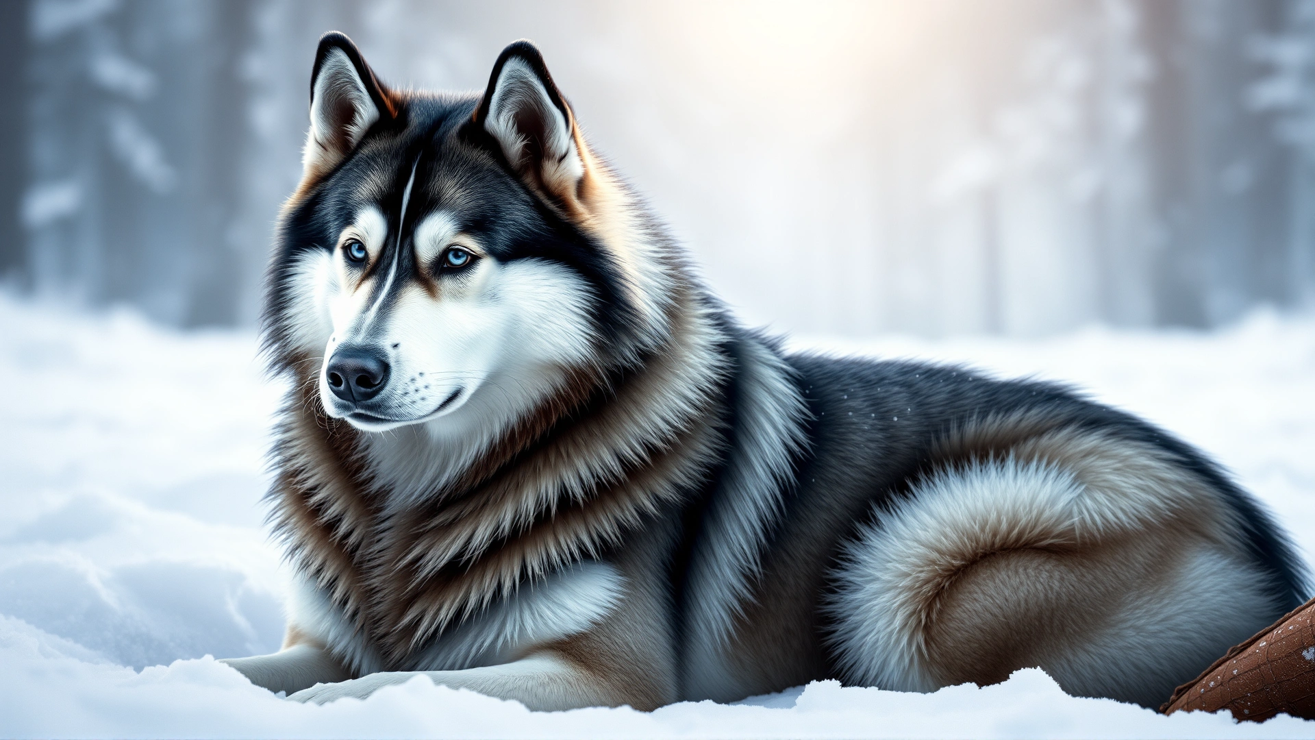 Majestic Siberian Husky with thick double coat sitting in deep snow, forest backdrop, cold breath visible.