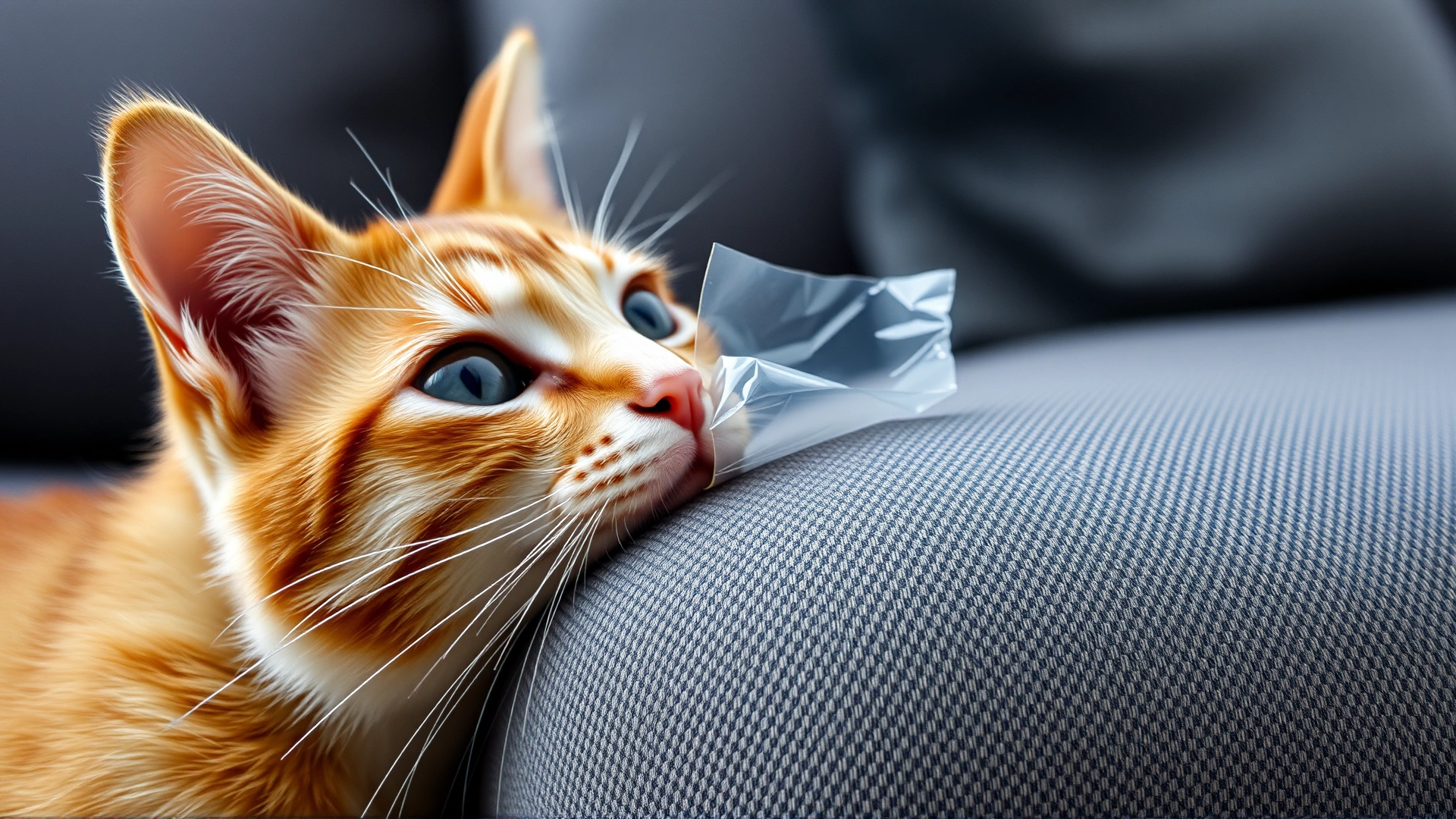 Close-up of transparent double-sided tape applied to the corner of a fabric sofa while a curious cat sniffs nearby.