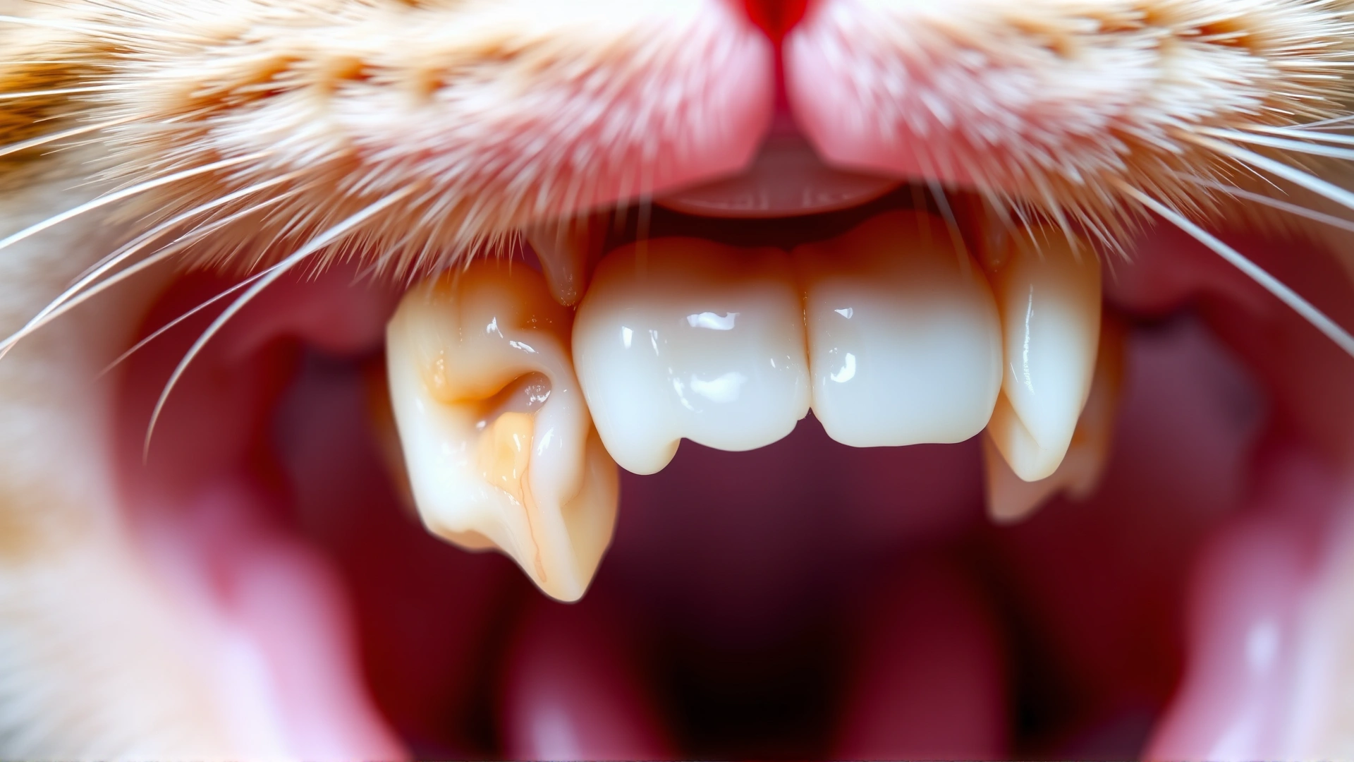 Macro shot of a kitten's mouth displaying two rows of teeth – a retained baby tooth alongside an emerging adult canine, clinical setting, sharp focus.