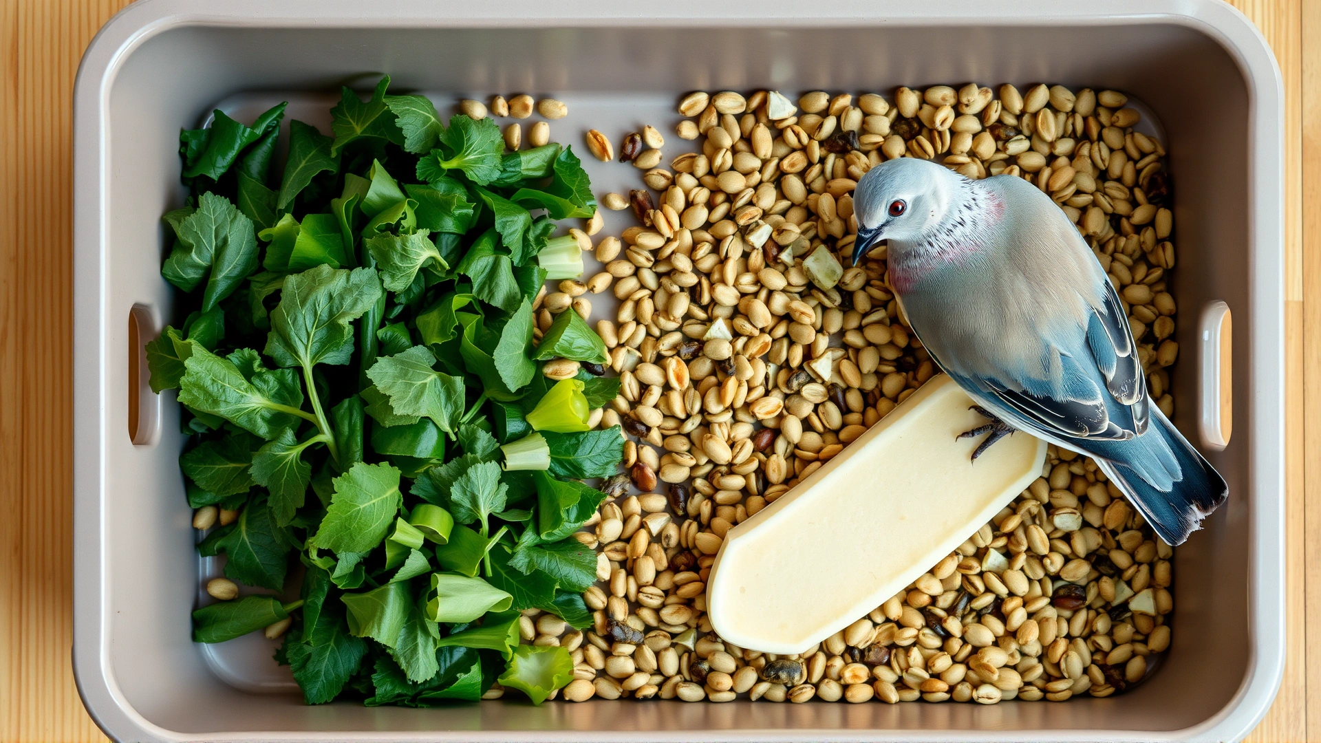 Top-down view of a clean feeding tray containing a balanced mix of dove seeds, fresh chopped leafy greens, and a cuttlebone