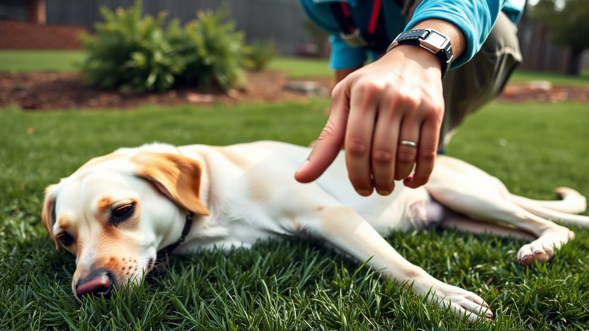 Trainer pointing toward the ground with palm down as a yellow lab is lying flat on a green lawn.