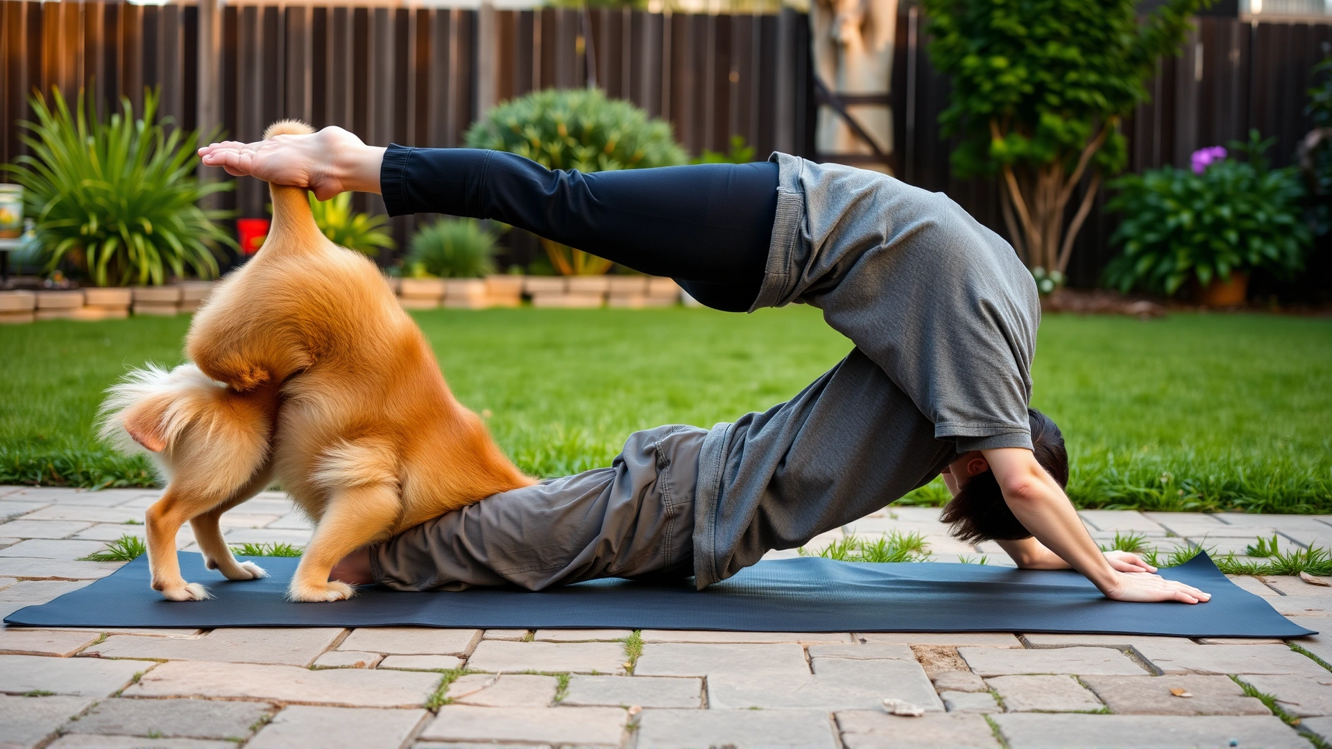 Playful scene of a dog and owner simultaneously doing a downward dog stretch in a backyard