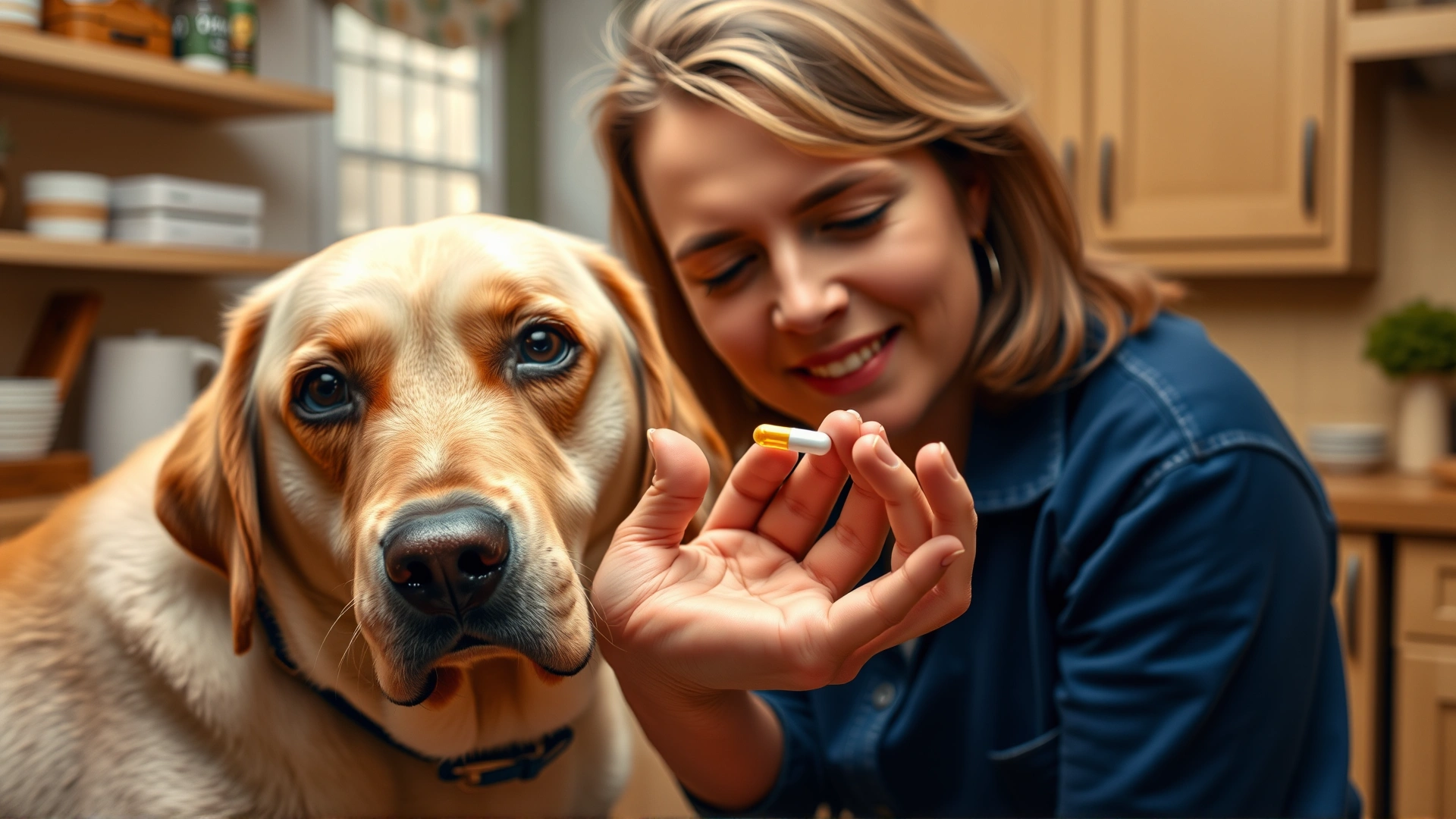 Dog owner offering a small antibiotic pill to a yellow Labrador in a cozy kitchen; focus on the pill held between fingers, soft daylight