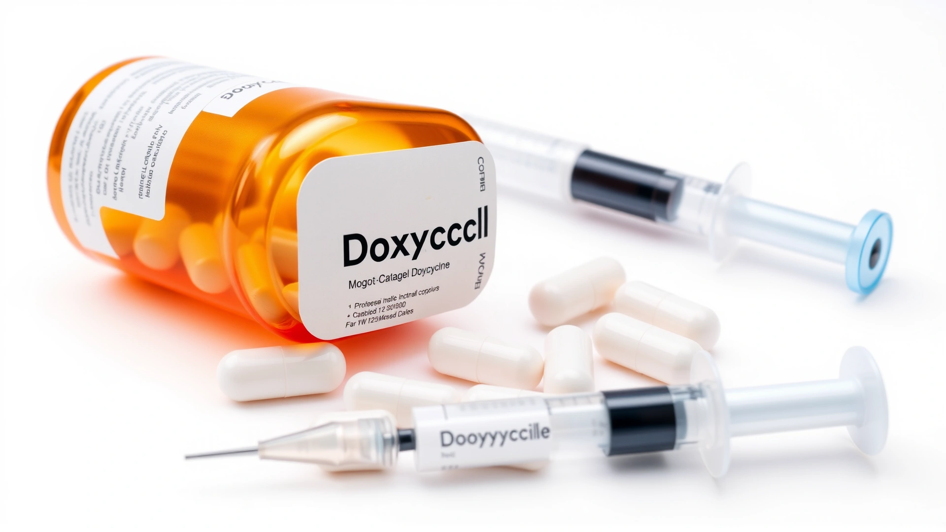 Bottle of doxycycline capsules and a syringe on a white background, illustrating medication treatment.