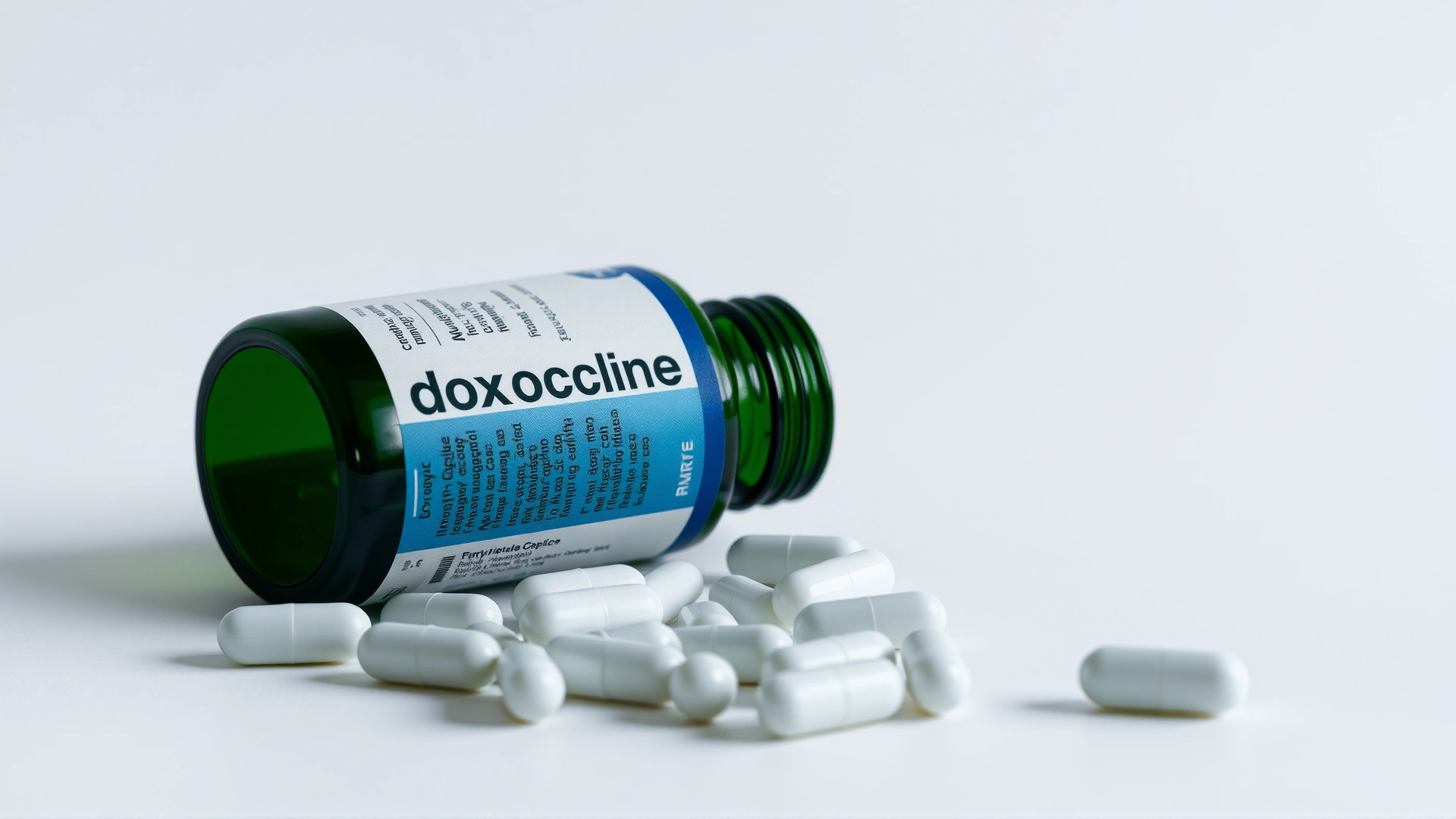 Studio shot of a spilled bottle of doxycycline capsules on a white surface, no branding or text.