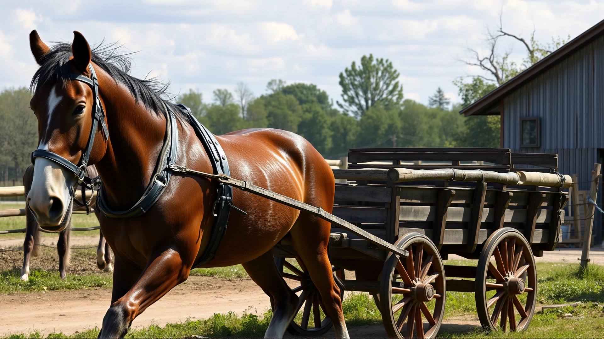 Large draft horse (Clydesdale) pulling a heavy wooden cart on a farm path, muscles visible, daytime, realistic style, no text