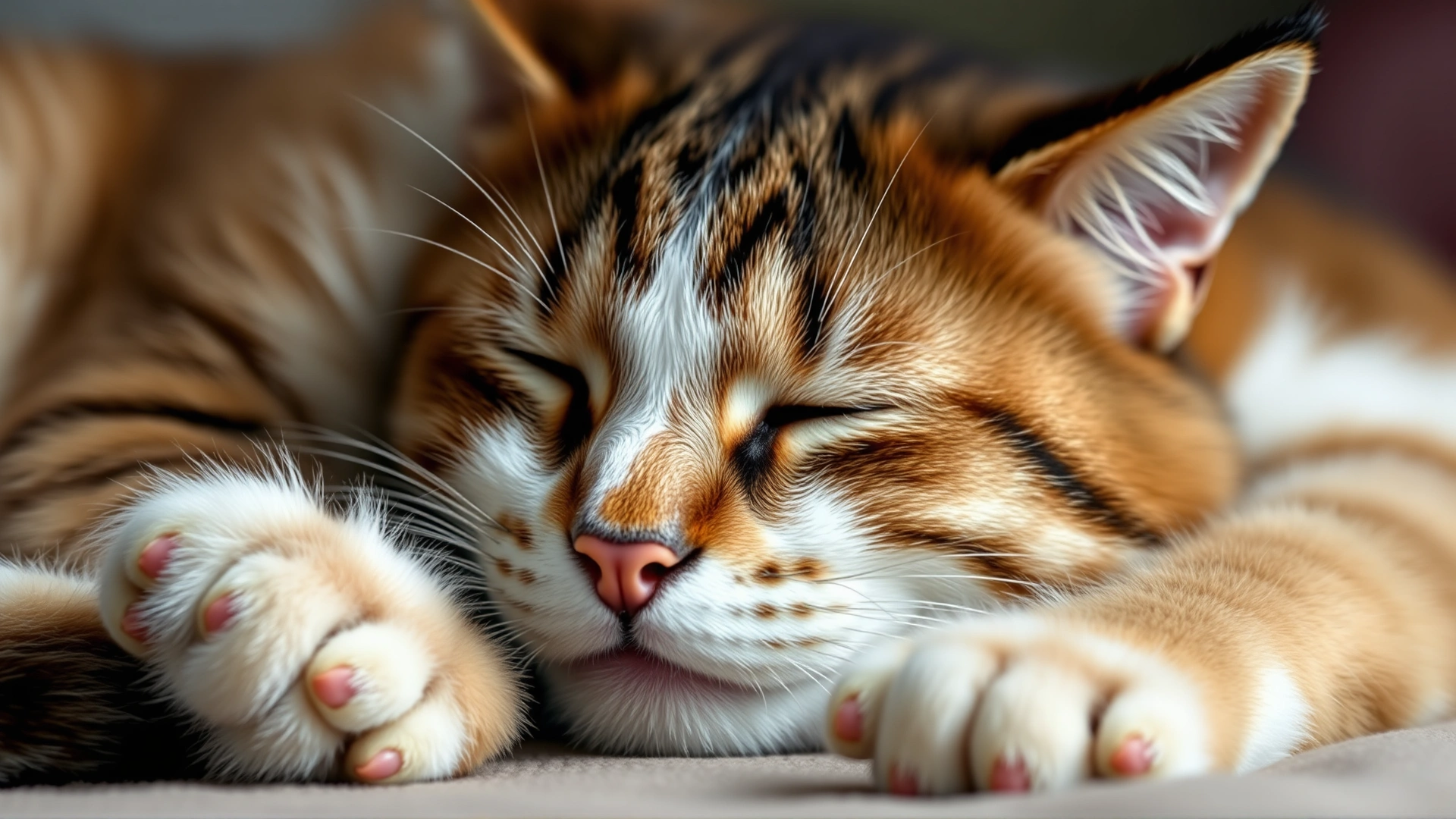 Cat sleeping with whiskers twitching and paws slightly moving, indicating REM sleep and dreaming.