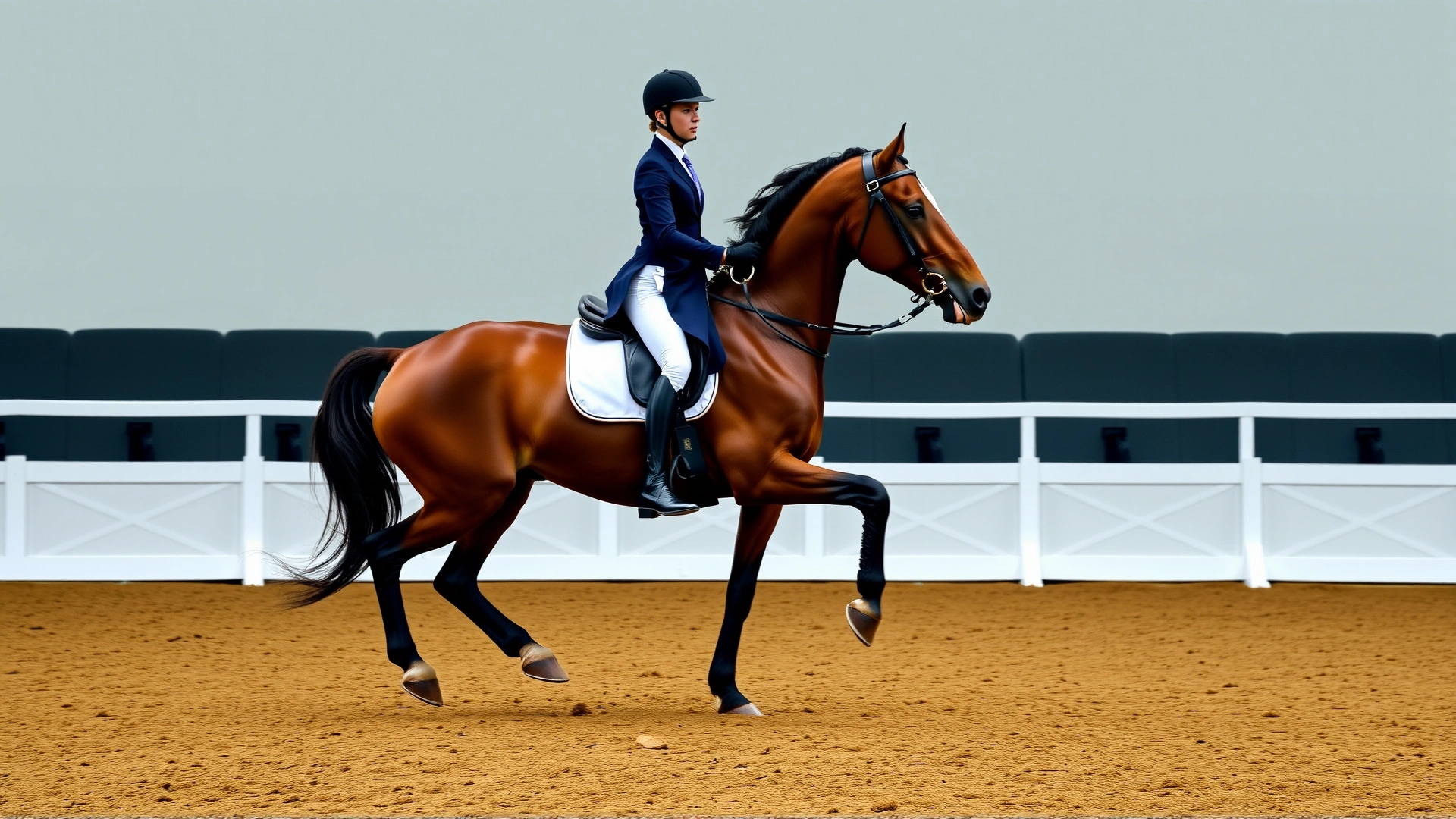 Morgan horse performing a collected trot in a dressage arena with rider in formal competition attire.