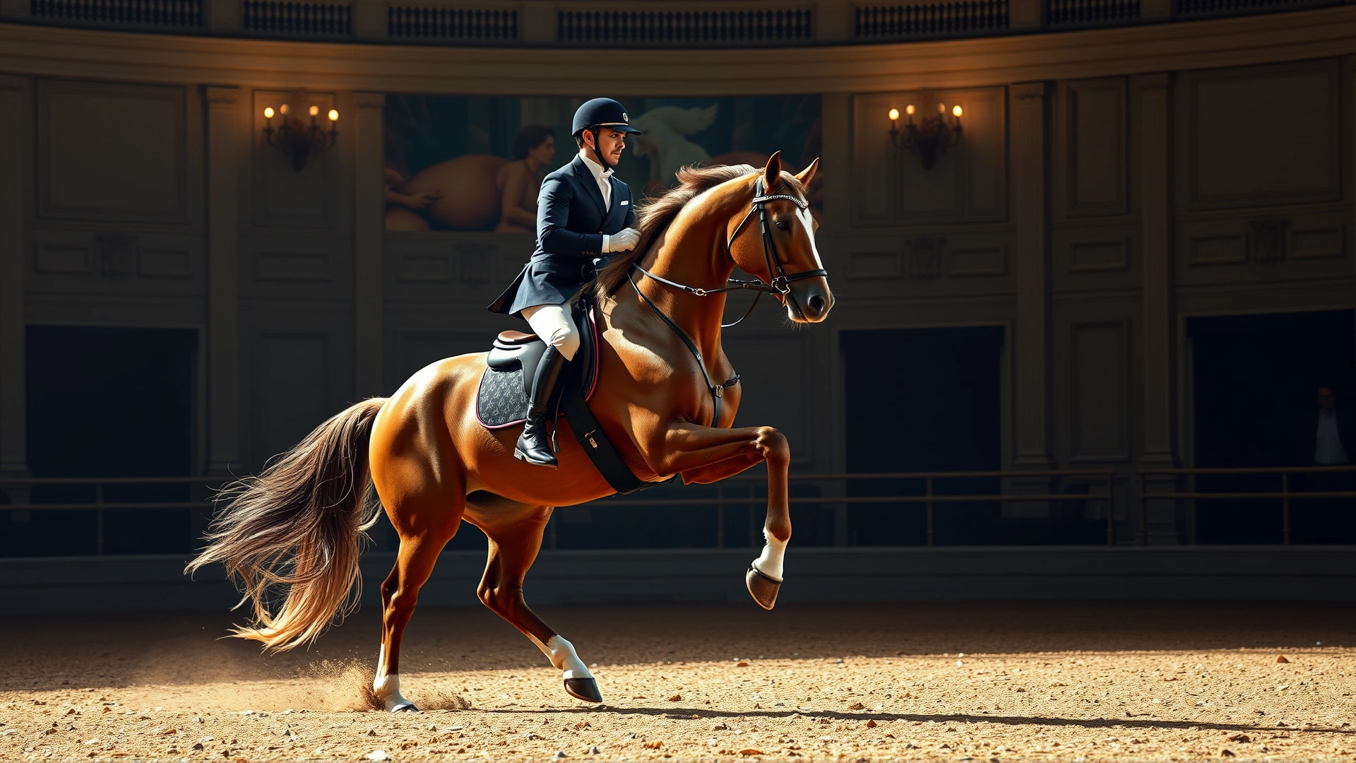 Lusitano horse and rider executing a piaffe in a classical dressage arena, both impeccably turned out.