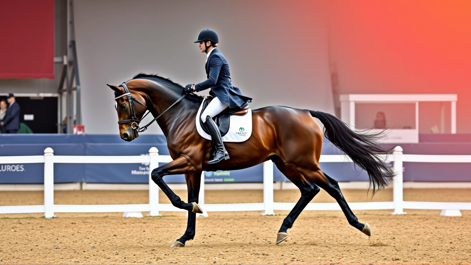 Hanoverian horse and rider performing an extended trot during a dressage competition, white fence and judge's booth in the background.