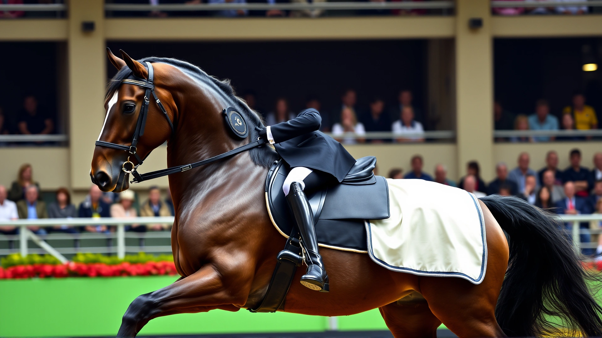 Friesian horse performing an elegant dressage movement in an arena, rider wearing classical attire, audience blurred in background