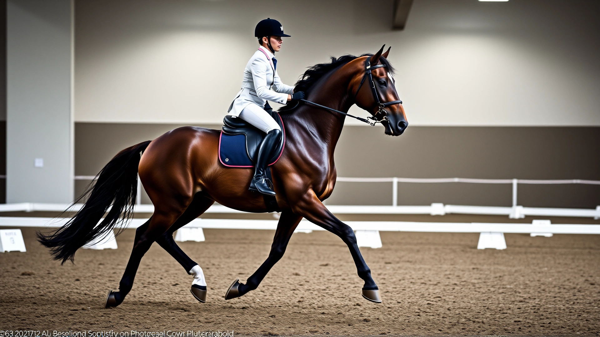 Elegant Dutch Warmblood performing an extended trot in a dressage arena, rider in formal attire, white dressage boards visible.