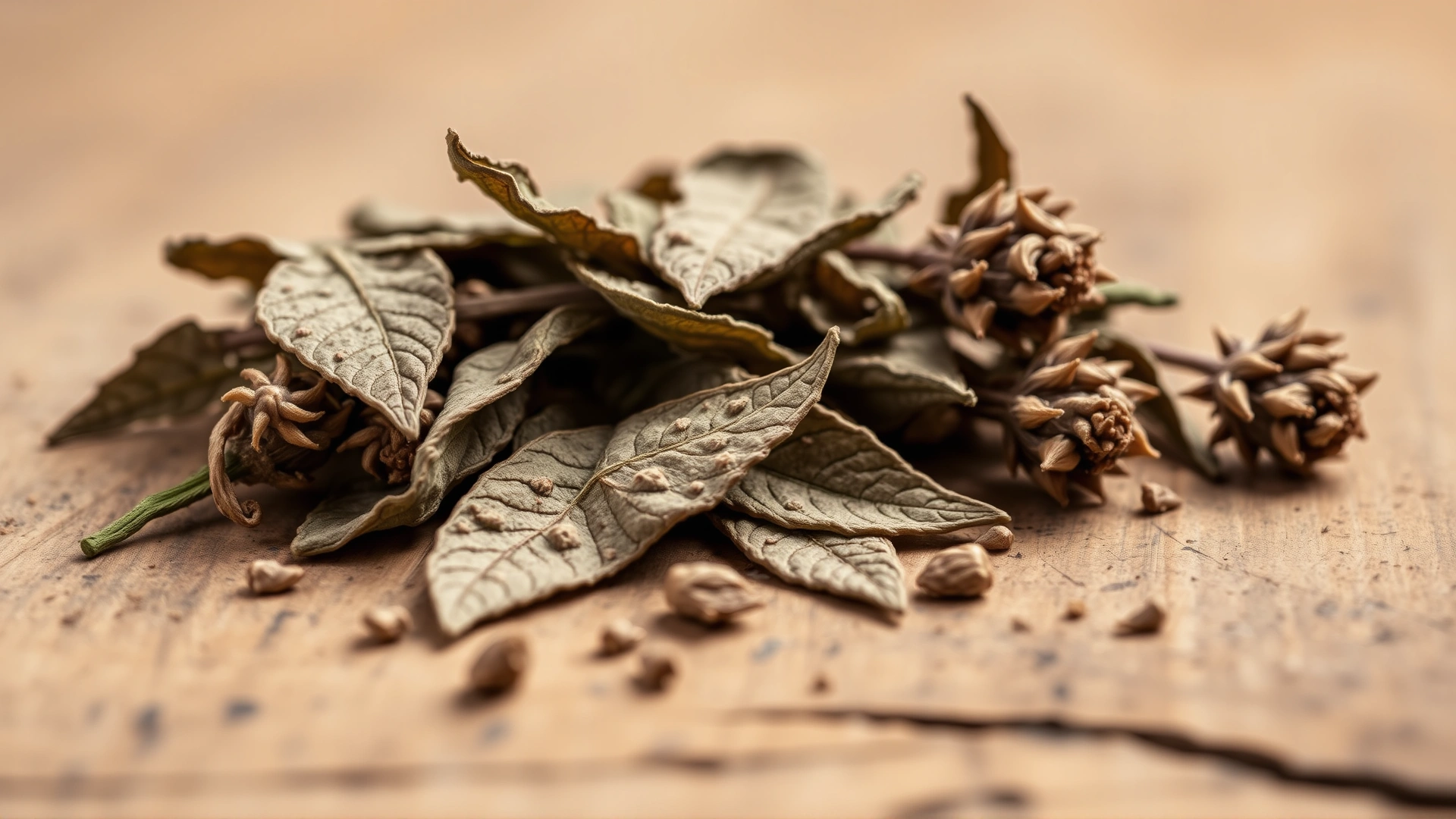 Macro shot of dried catnip leaves and buds displayed on a rustic wooden table.