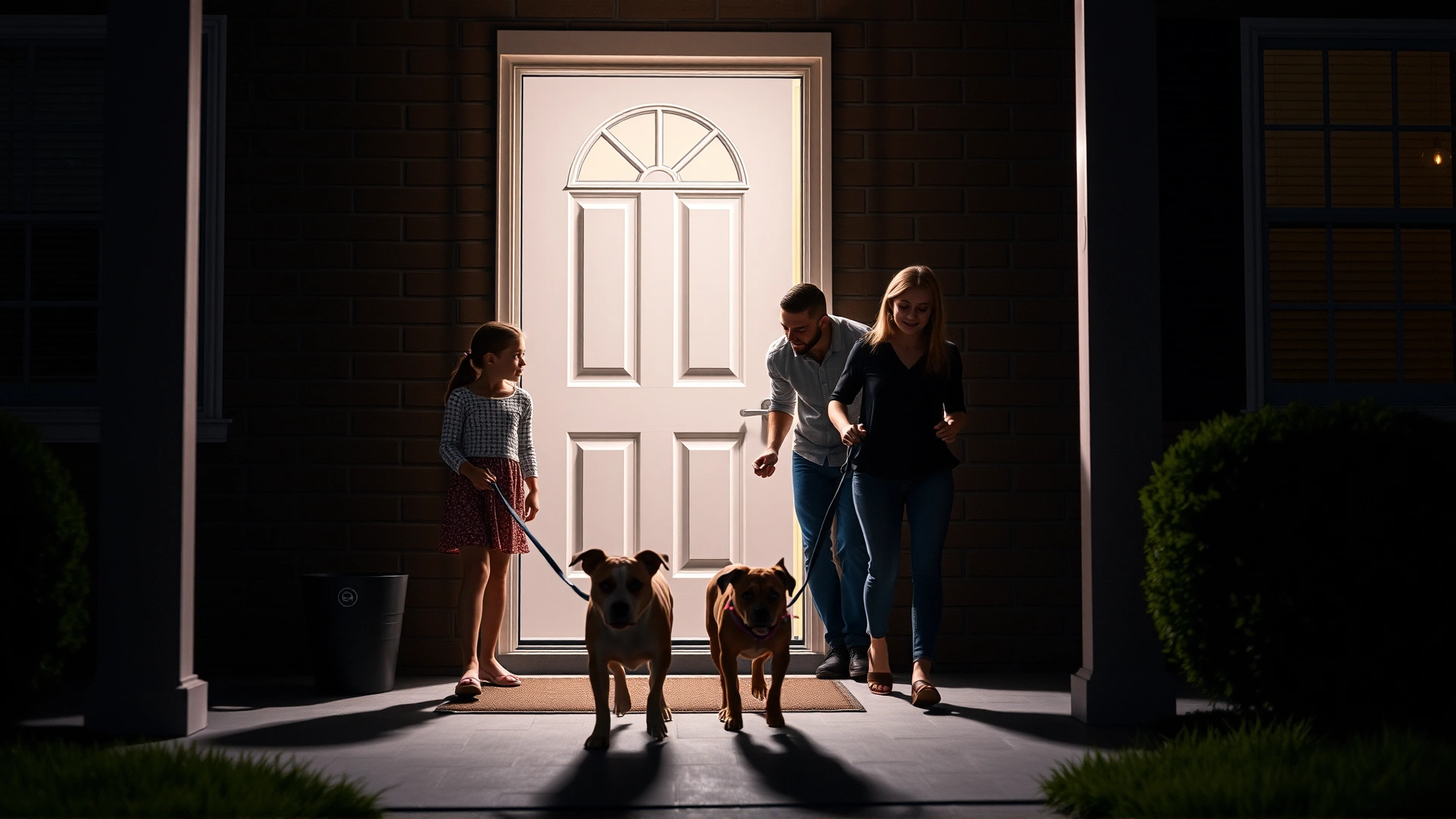 Family of four practicing a night fire drill, calmly exiting the front door with their leashed dog; porch lights on, sense of motion.