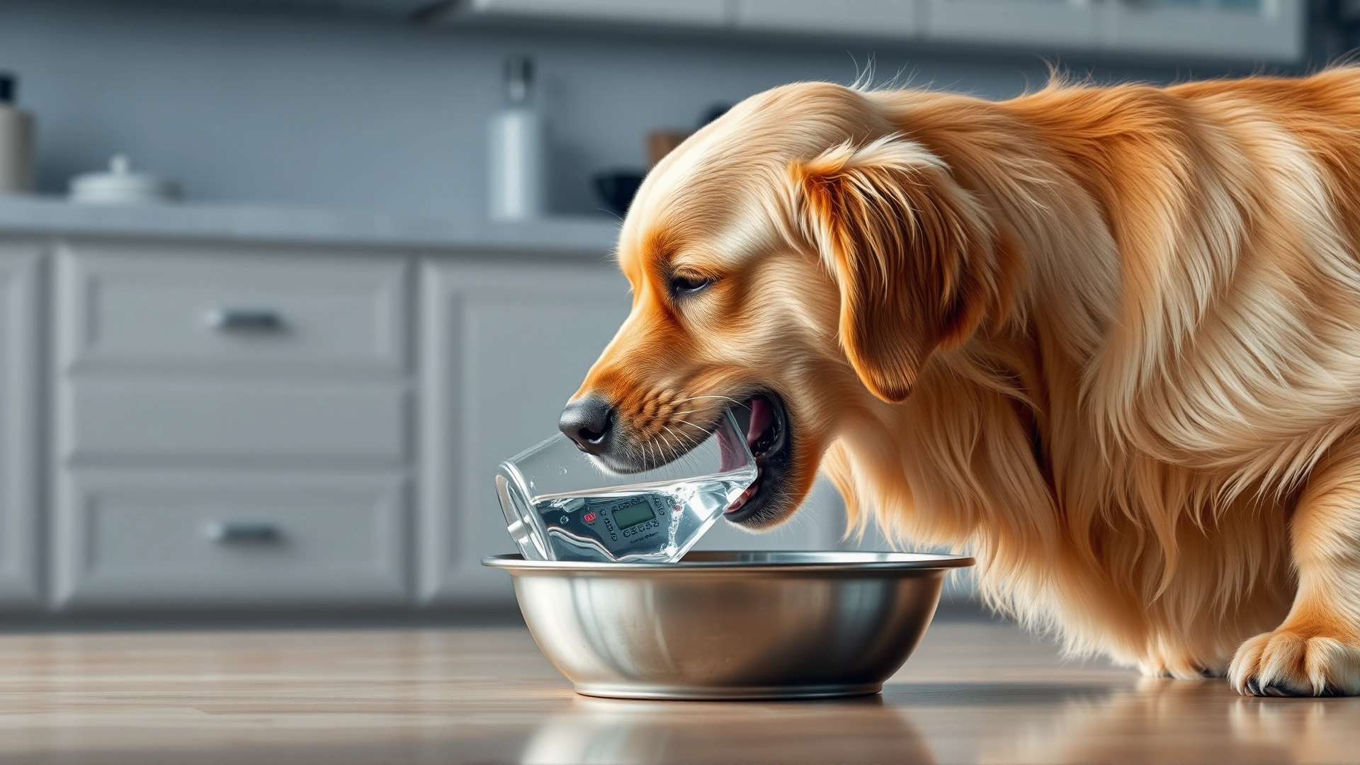 Golden Retriever drinking water eagerly from stainless steel bowl in kitchen setting, illustrating excessive thirst