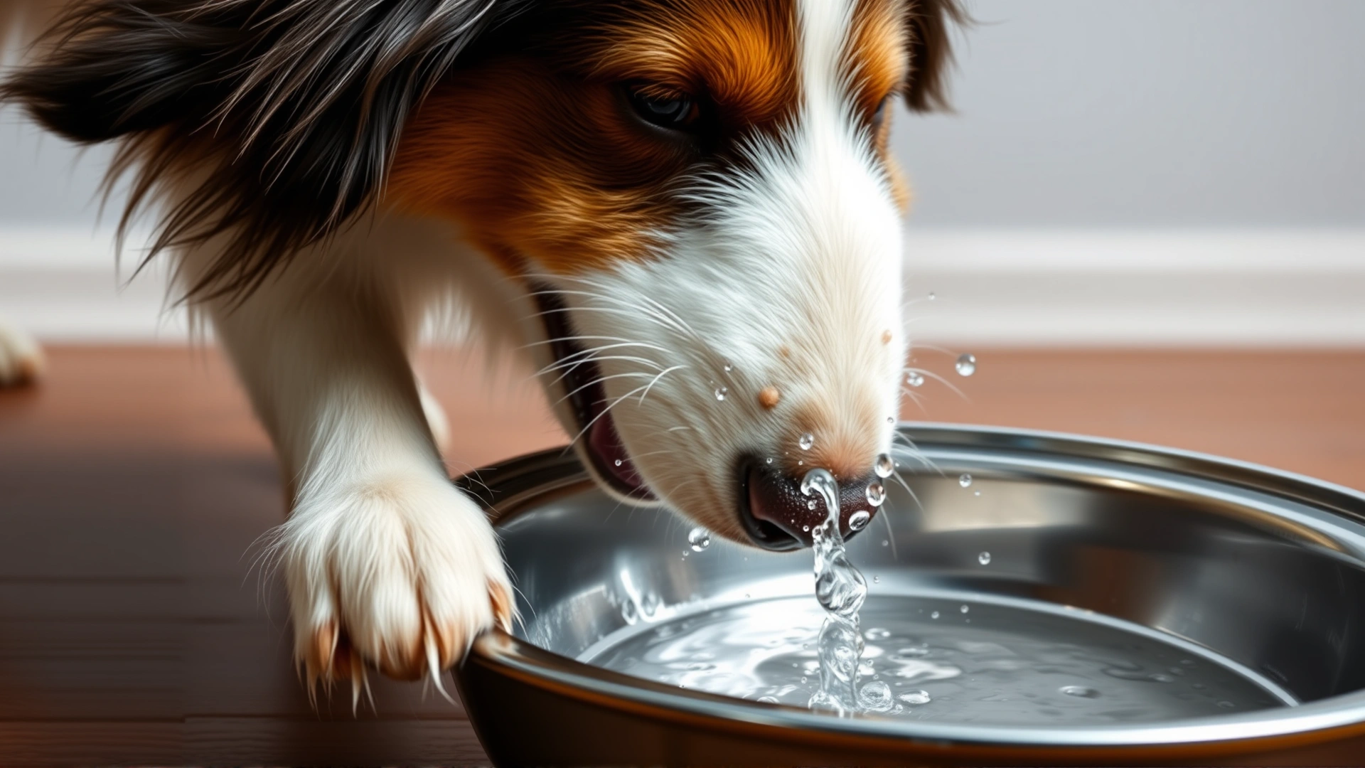 Slow-motion capture of a border collie lapping water from a stainless steel bowl, water droplets visible mid-air