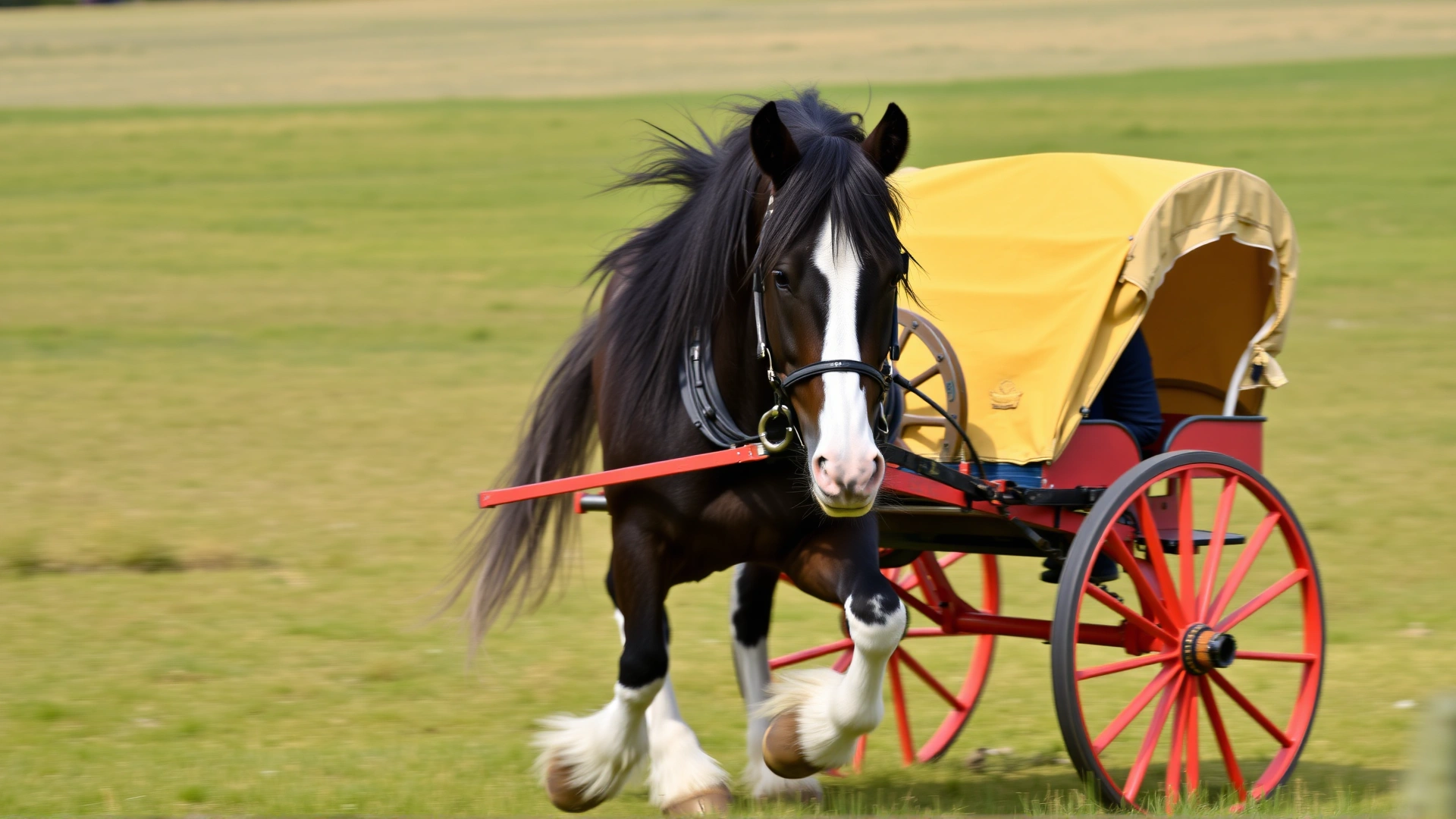 Irish Cob pulling a small, brightly painted cart in an open field, demonstrating the breed's historic driving purpose. Action shot with slight motion blur in the background.