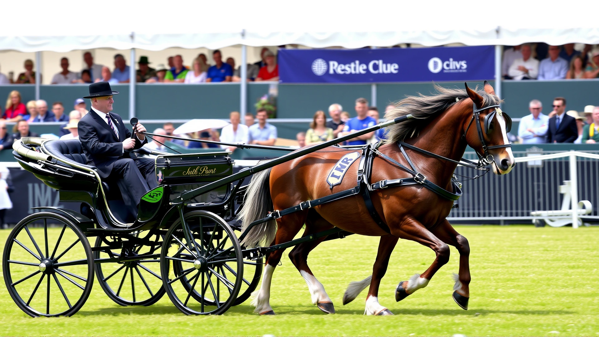 Pair of Hackney Ponies pulling a polished four-wheeled carriage during a competitive driving event, formally dressed driver holding reins.