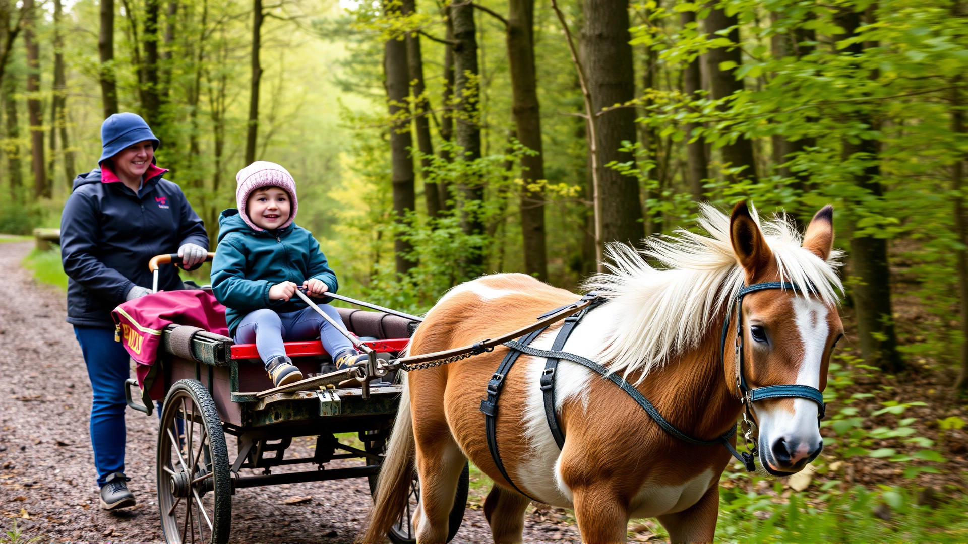 A child and an instructor driving a small cart pulled by a lively Gotland pony on a forest trail, showcasing the breed's use in harness.