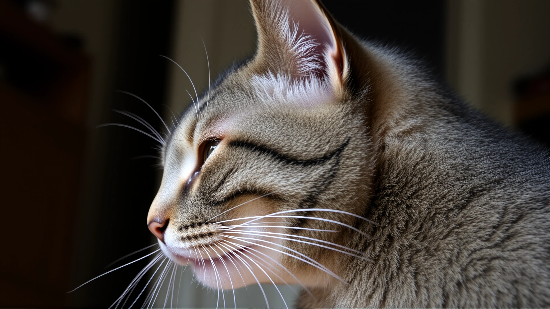 Side view of a grey tabby cat with noticeable saliva dribbling from the corner of its mouth, looking uncomfortable, indoor setting