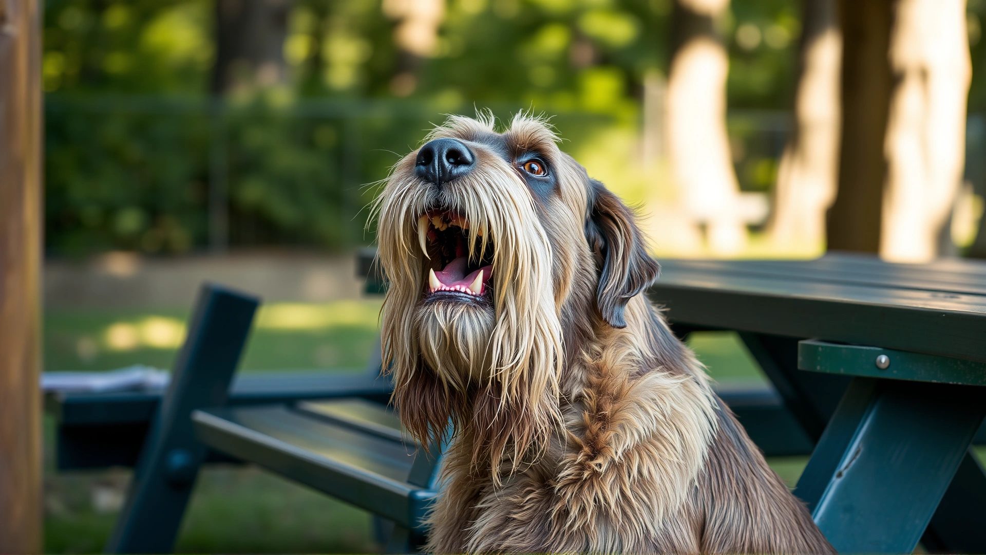 Adult Otterhound with wet beard and visible drool sitting by a picnic table