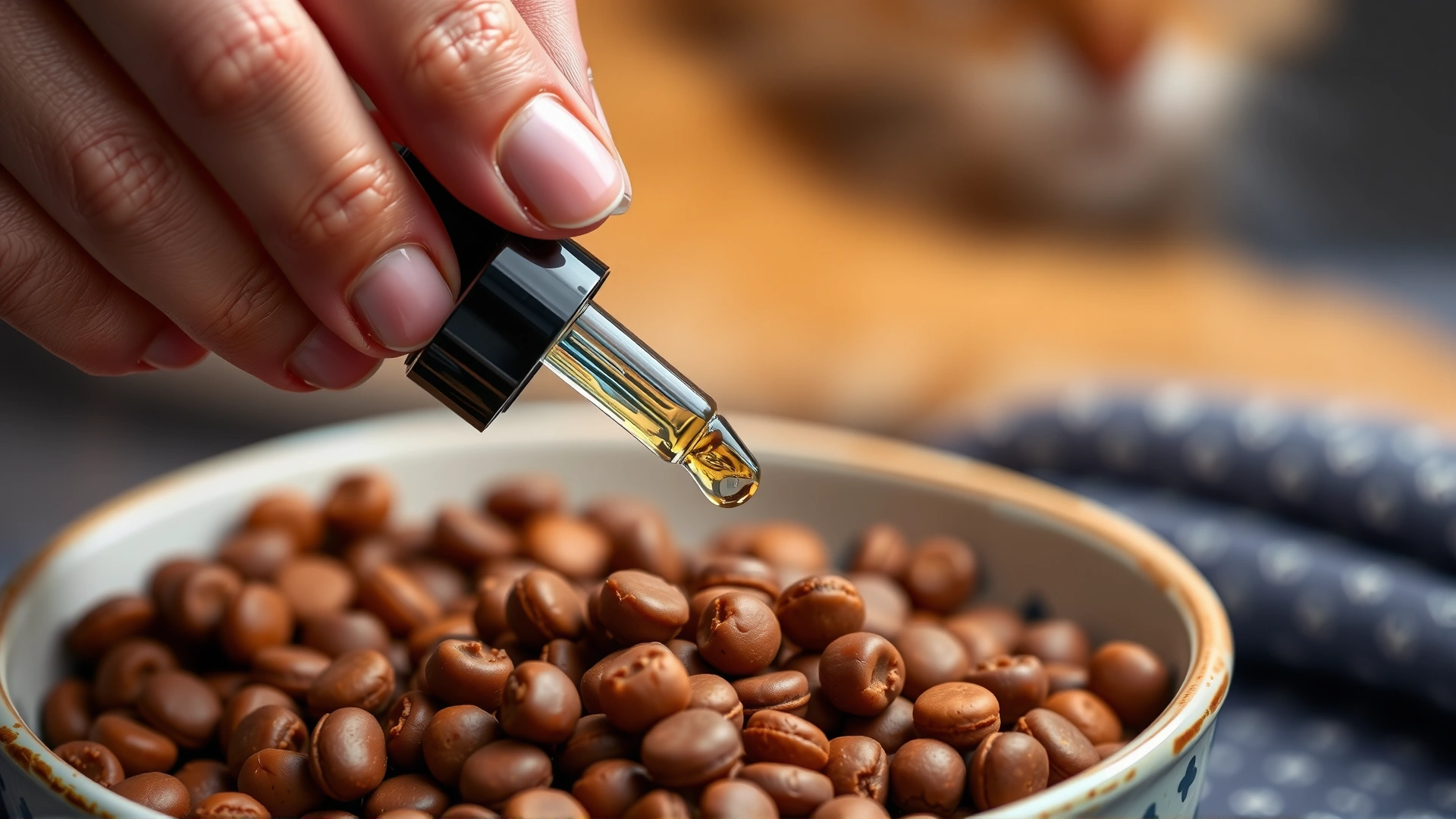 Human hand gently holding a CBD oil dropper above a ceramic bowl of cat food, focus on the droplet