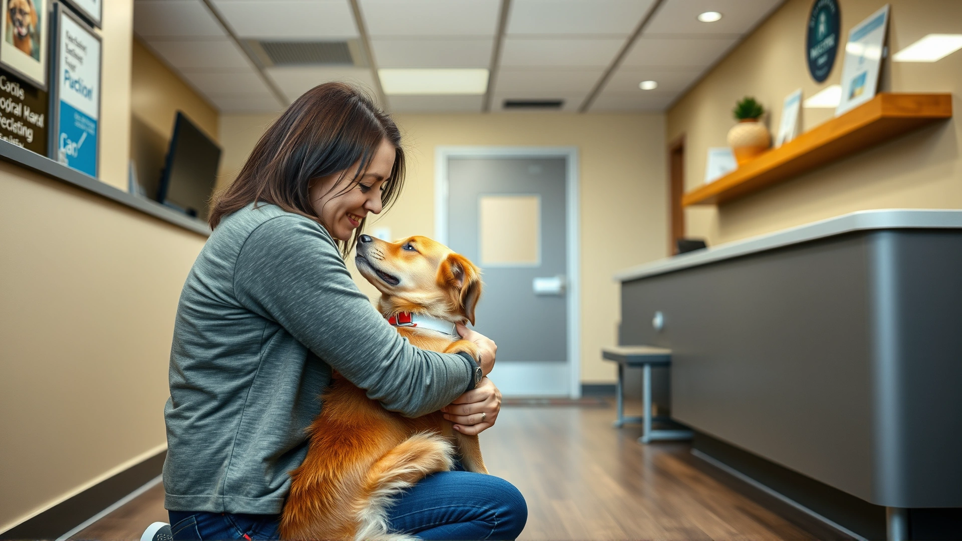 Dog owner kneeling to give her medium-size dog a calm goodbye hug in the reception area of a boarding facility.