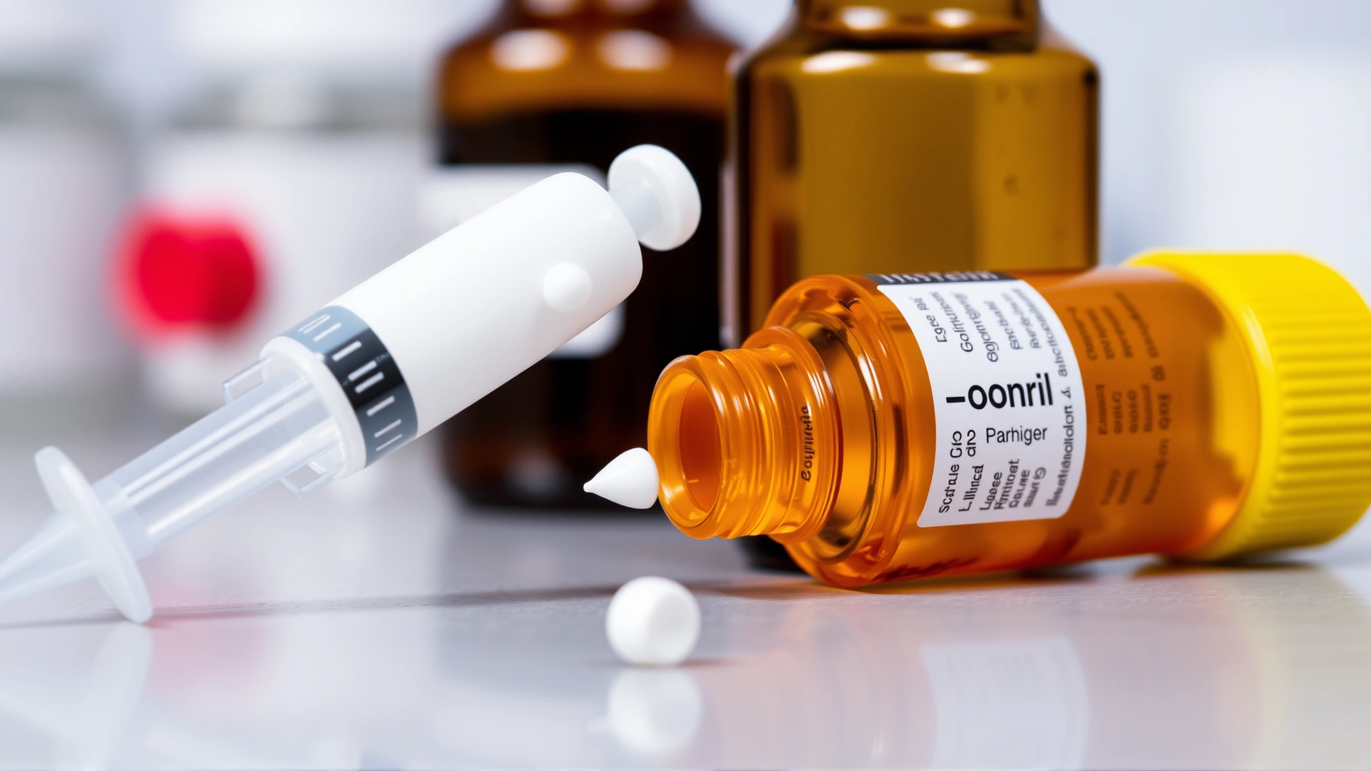 Macro photograph of a plastic oral syringe filled with white ponazuril paste next to an unbranded amber medication bottle on a veterinarian’s counter, studio lighting