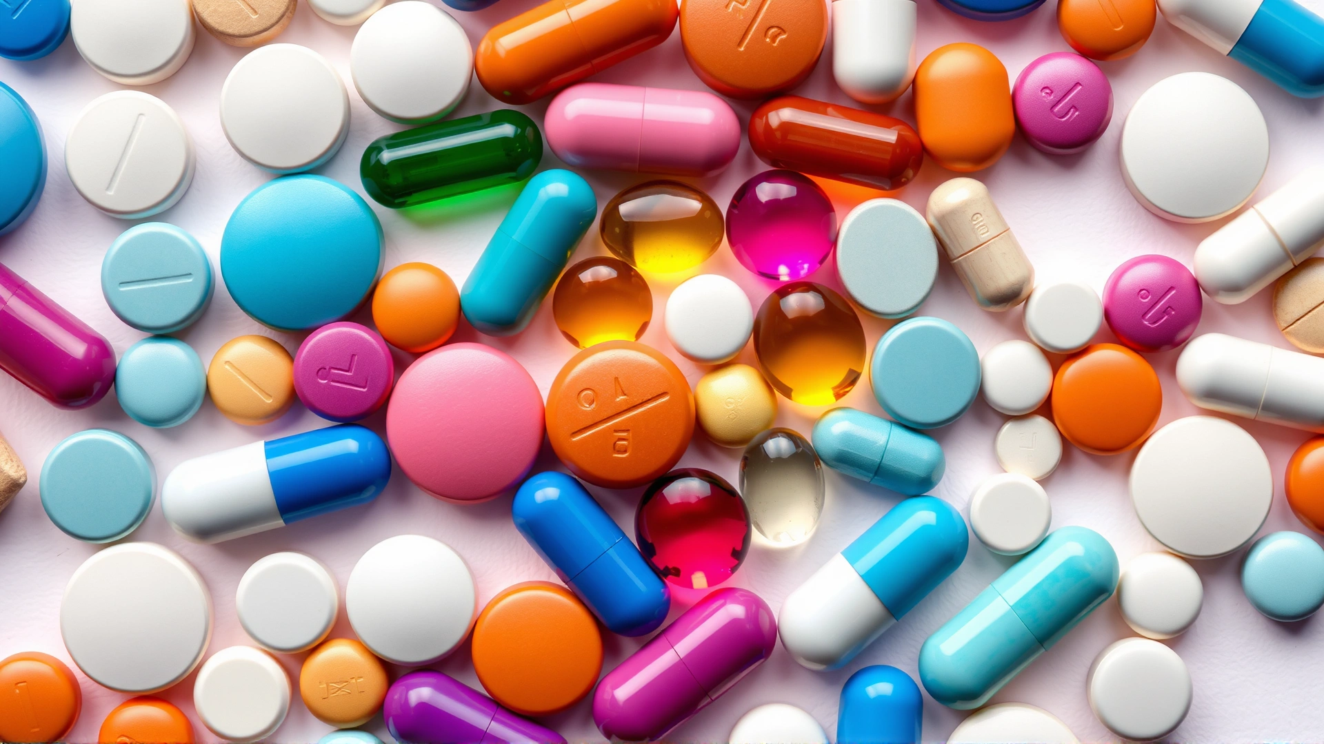 Flat lay of various colored pet medication tablets and capsules arranged neatly on a white background, emphasizing potential drug interactions