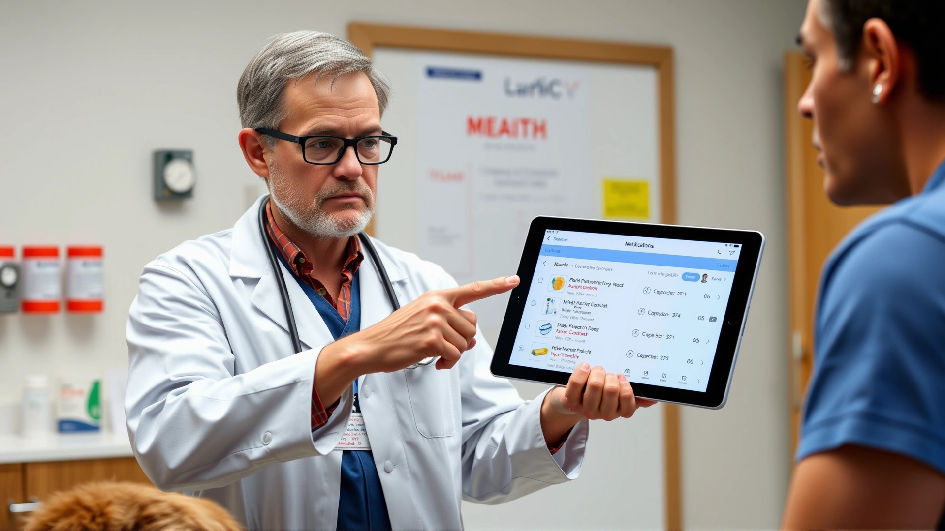 Veterinarian pointing at a digital tablet displaying a list of medications while talking to a pet owner in a clinic.