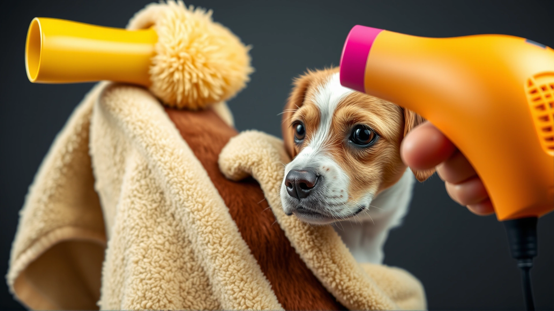 Dog wrapped in a fluffy towel while a low-heat hair dryer is aimed at its back, showing safe drying method