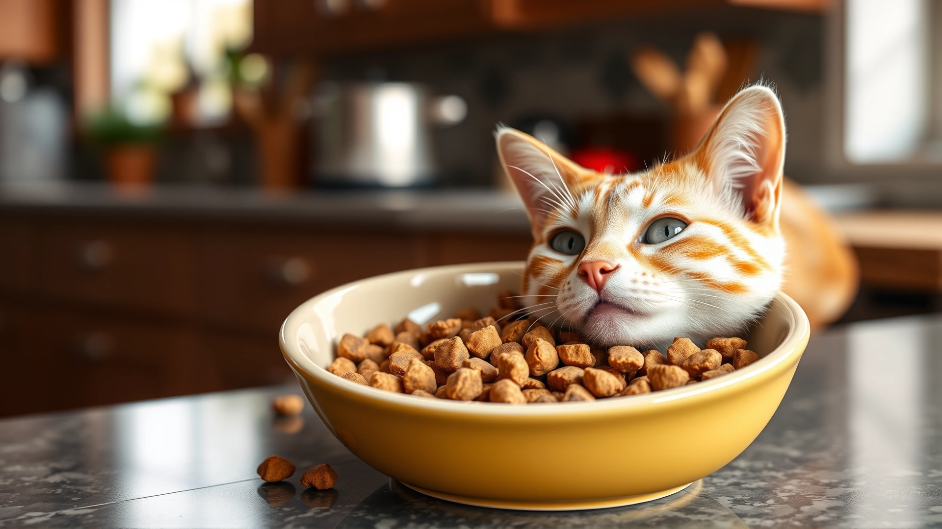 Clean image of a ceramic bowl filled with dry cat kibble placed on a kitchen countertop with soft natural lighting.