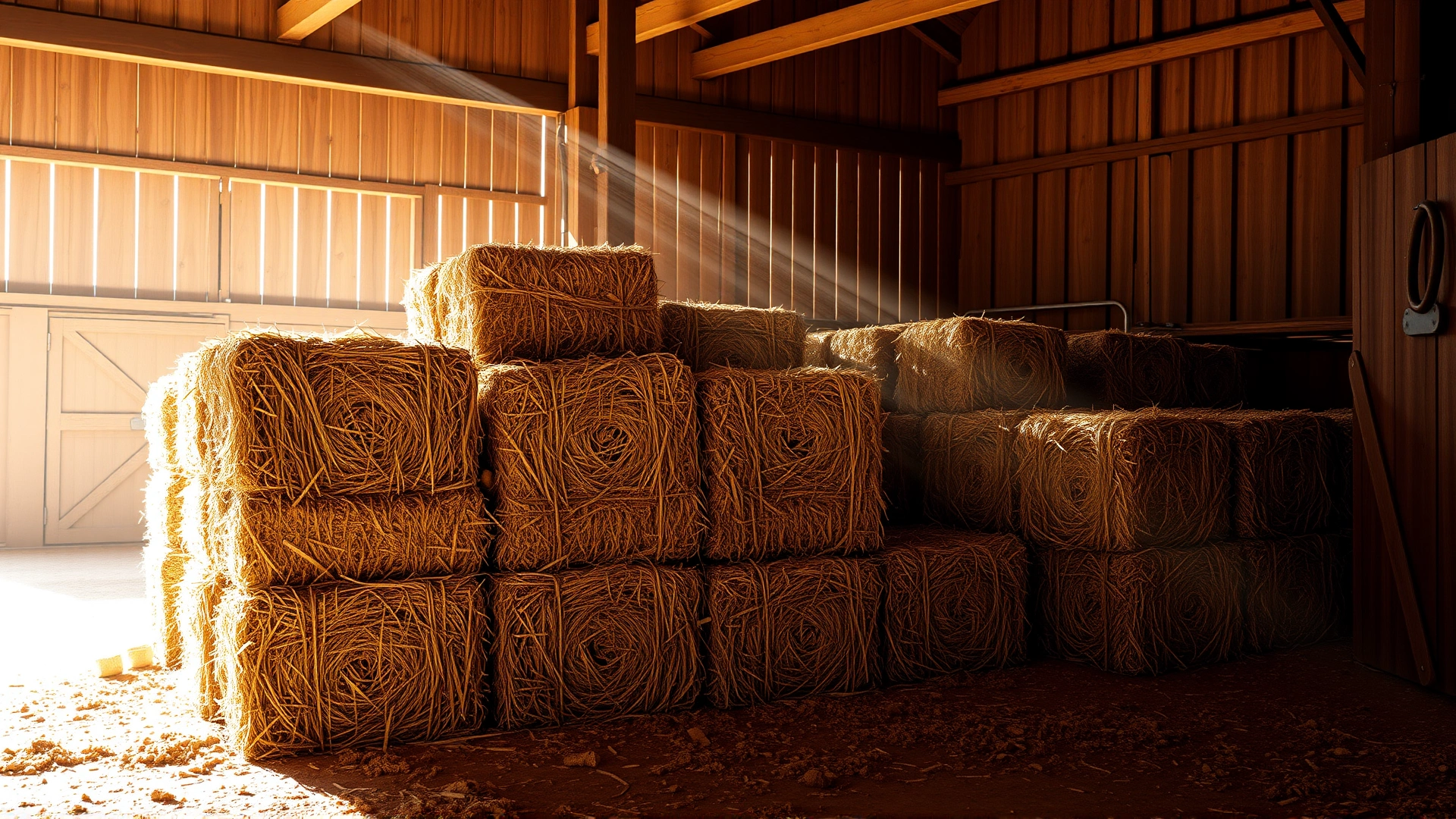 Stacked square bales of dry hay inside a clean, well-lit barn; dust particles visible in sun rays, rustic atmosphere