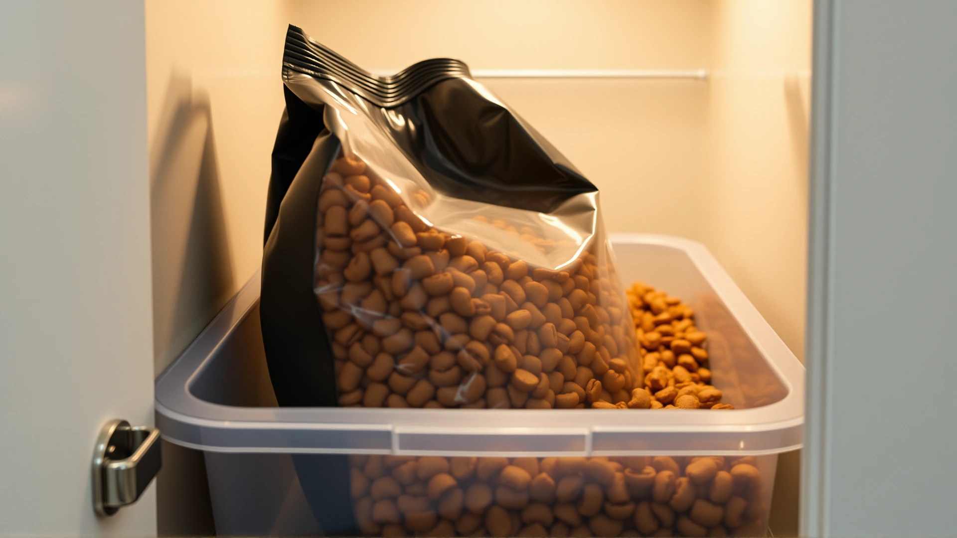 A large bag of dog kibble placed upright inside a BPA-free plastic bin with a tight lid, stored in a cupboard.