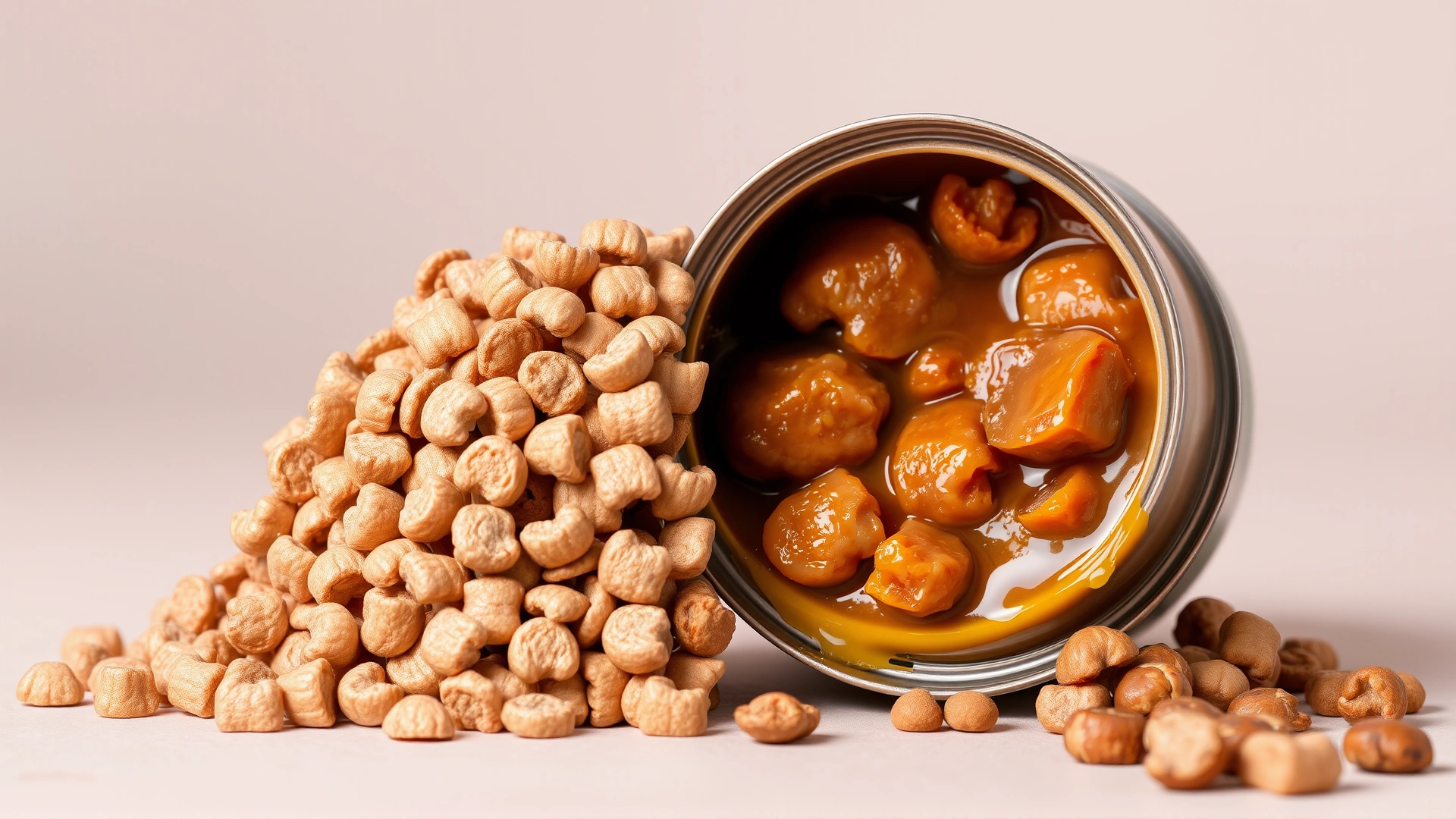 Split composition: on one side a heap of dry puppy kibble, on the other side an open can of wet puppy food with visible meat chunks, on a neutral background.