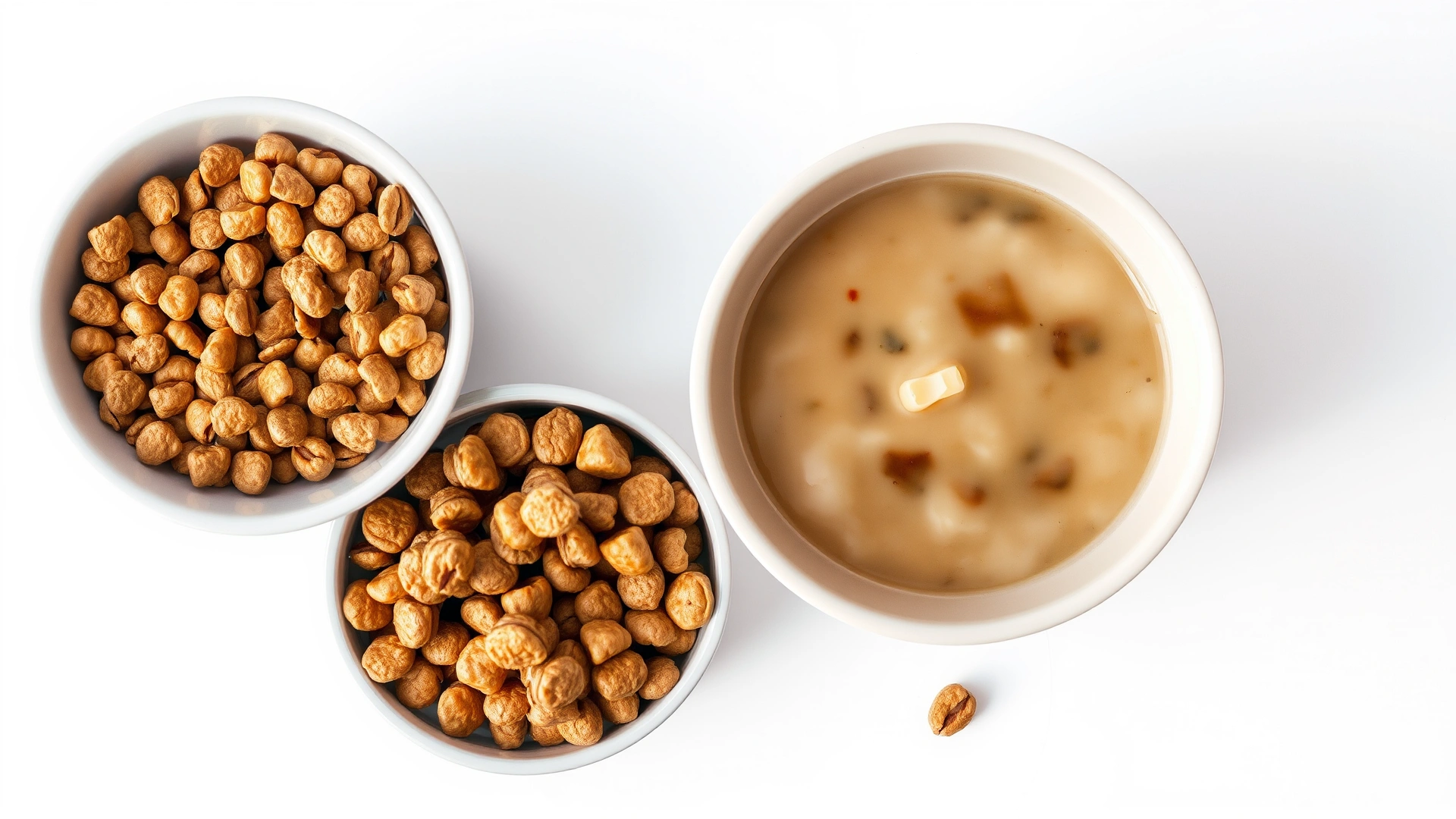 Top-down view showing two bowls side by side: one filled with dry kibble and the other with wet cat food, on a clean white surface, no text.