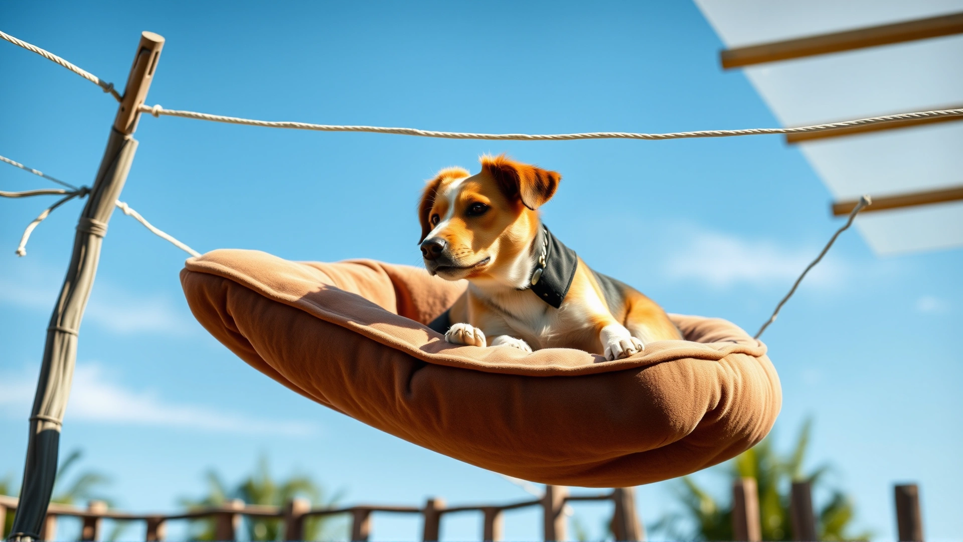 Dog bed hanging on an outdoor clothesline with clear blue sky background, clothespins holding the corners.