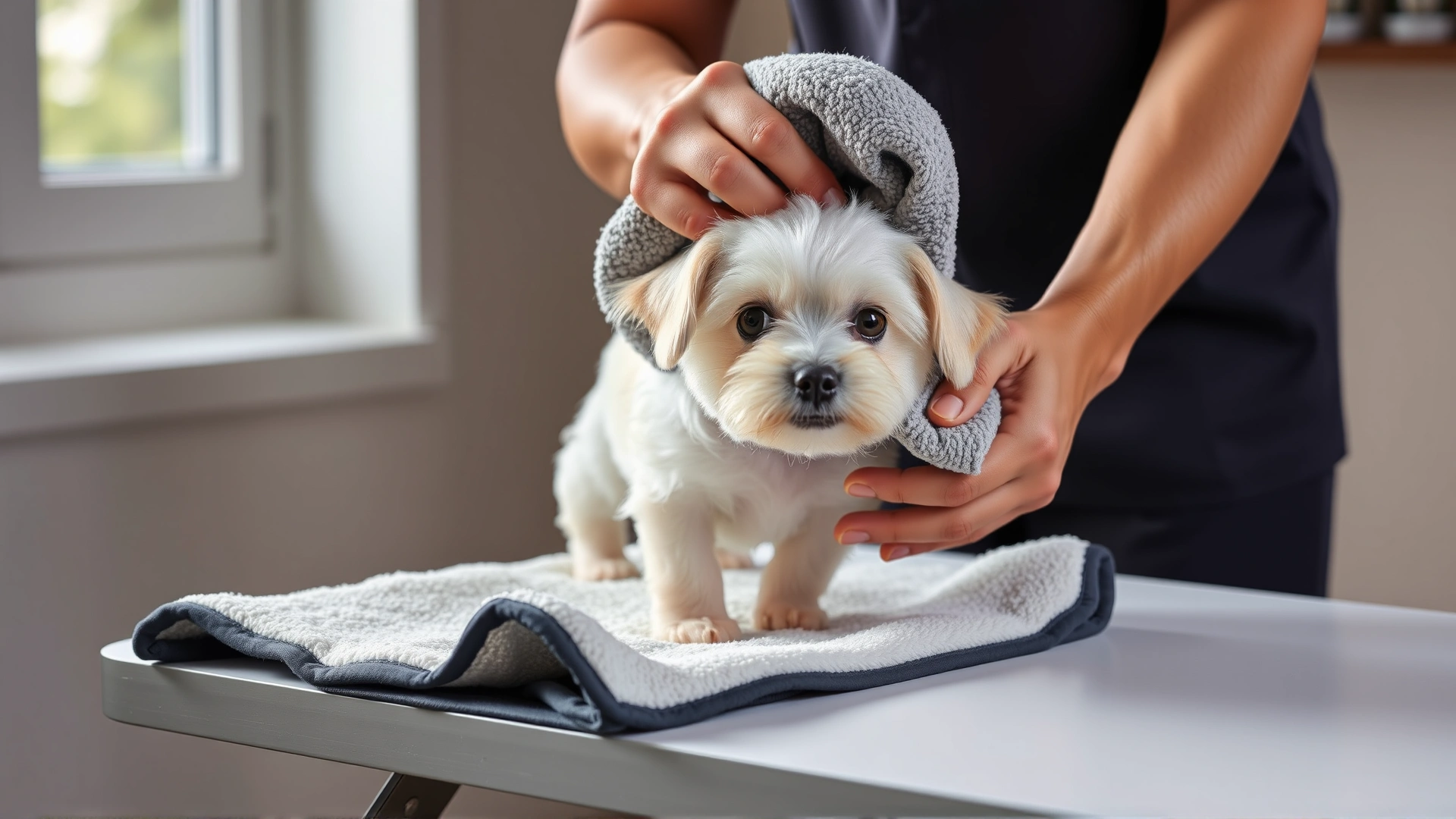 Person using a microfiber towel to dry a small white dog on a grooming table, soft natural light coming from a window.