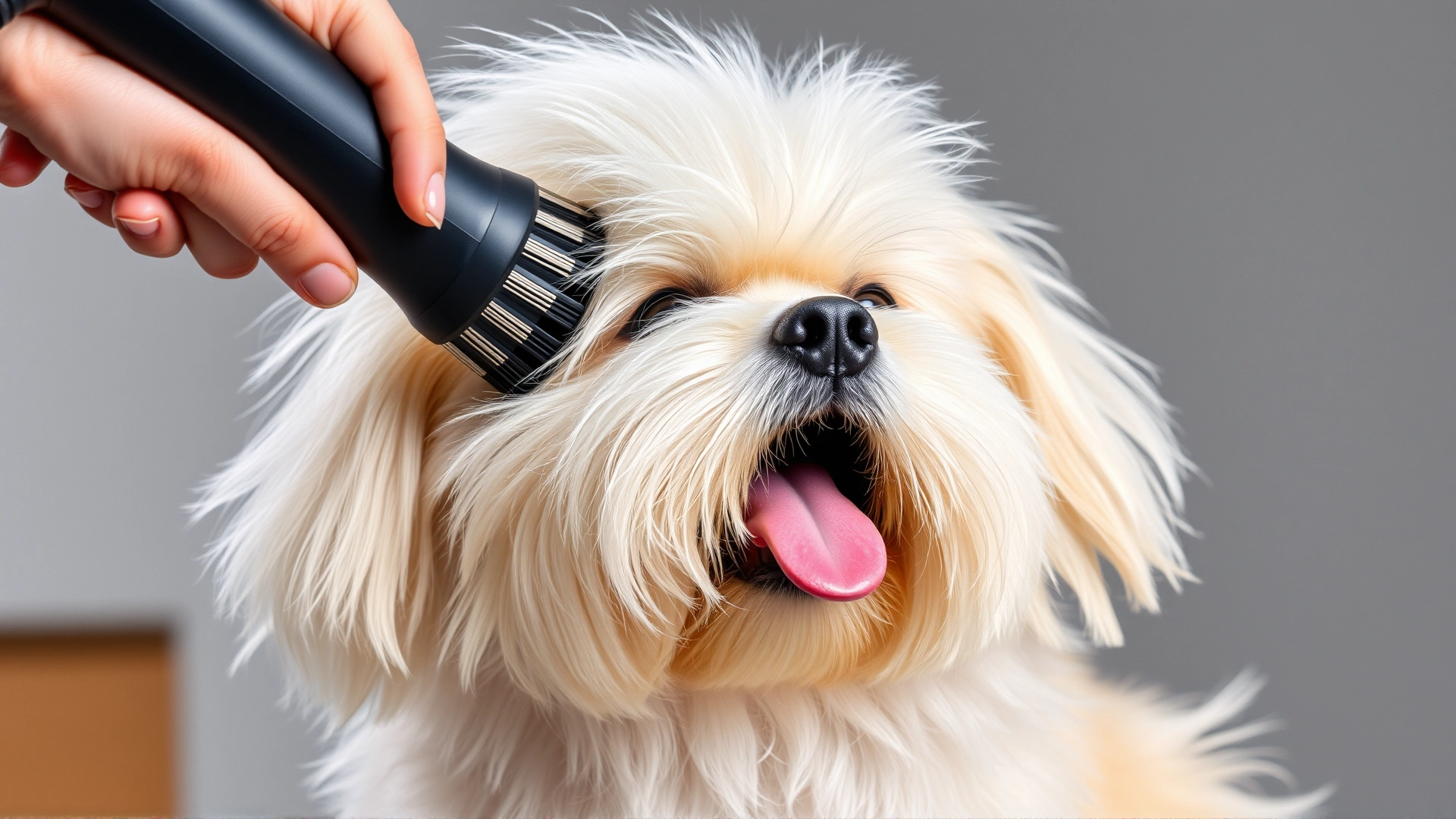Fluffy dog being blow-dried with a handheld dryer while being brushed, coat flowing.