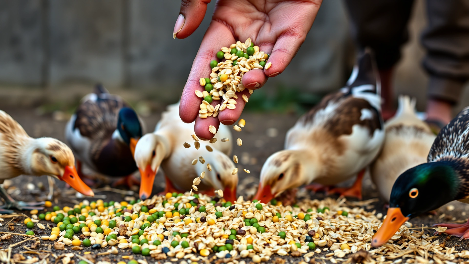 Close-up shot of a hand scattering peas, corn, and oats on the ground with several ducks eagerly pecking at the food.