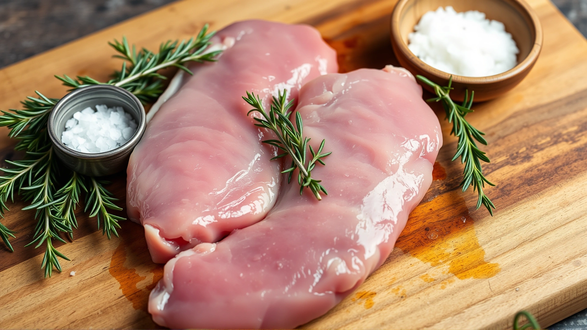 Close-up of raw duck breast fillets on a wooden cutting board with fresh rosemary and a small bowl of sea salt, studio lighting, rustic style