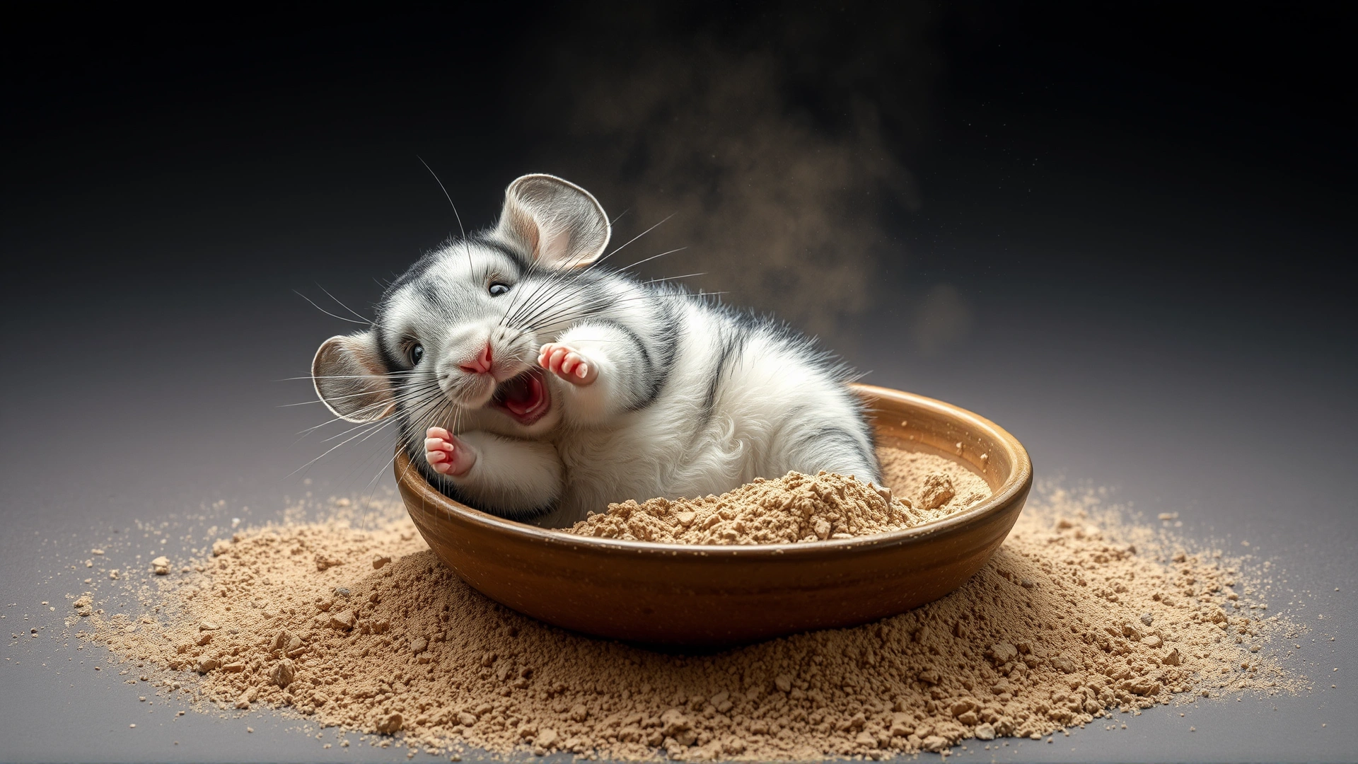 Chinchilla joyfully rolling in fine volcanic dust inside a shallow ceramic bowl, dust particles visible in the air, studio lighting