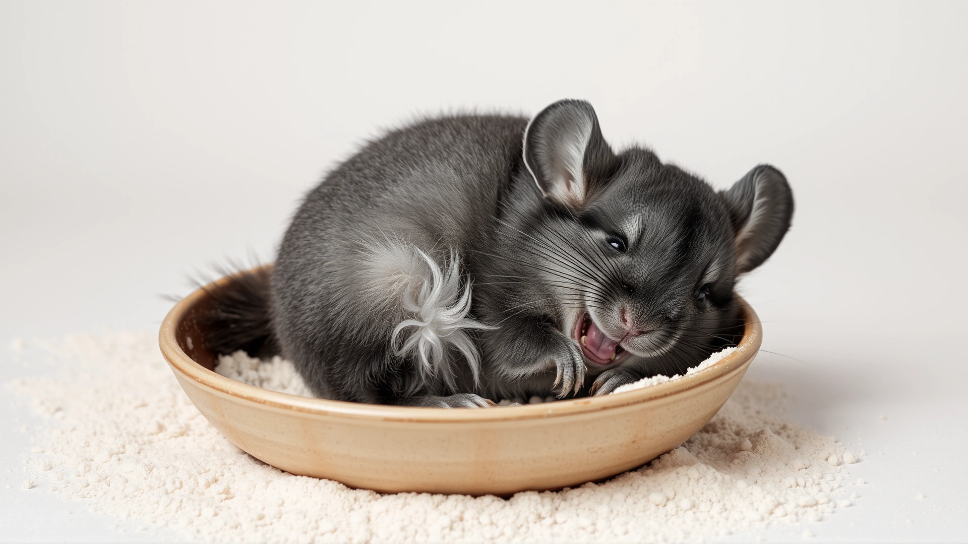 Grey chinchilla joyfully rolling in fine dust inside a shallow ceramic bowl, dust particles mid-air against a neutral backdrop