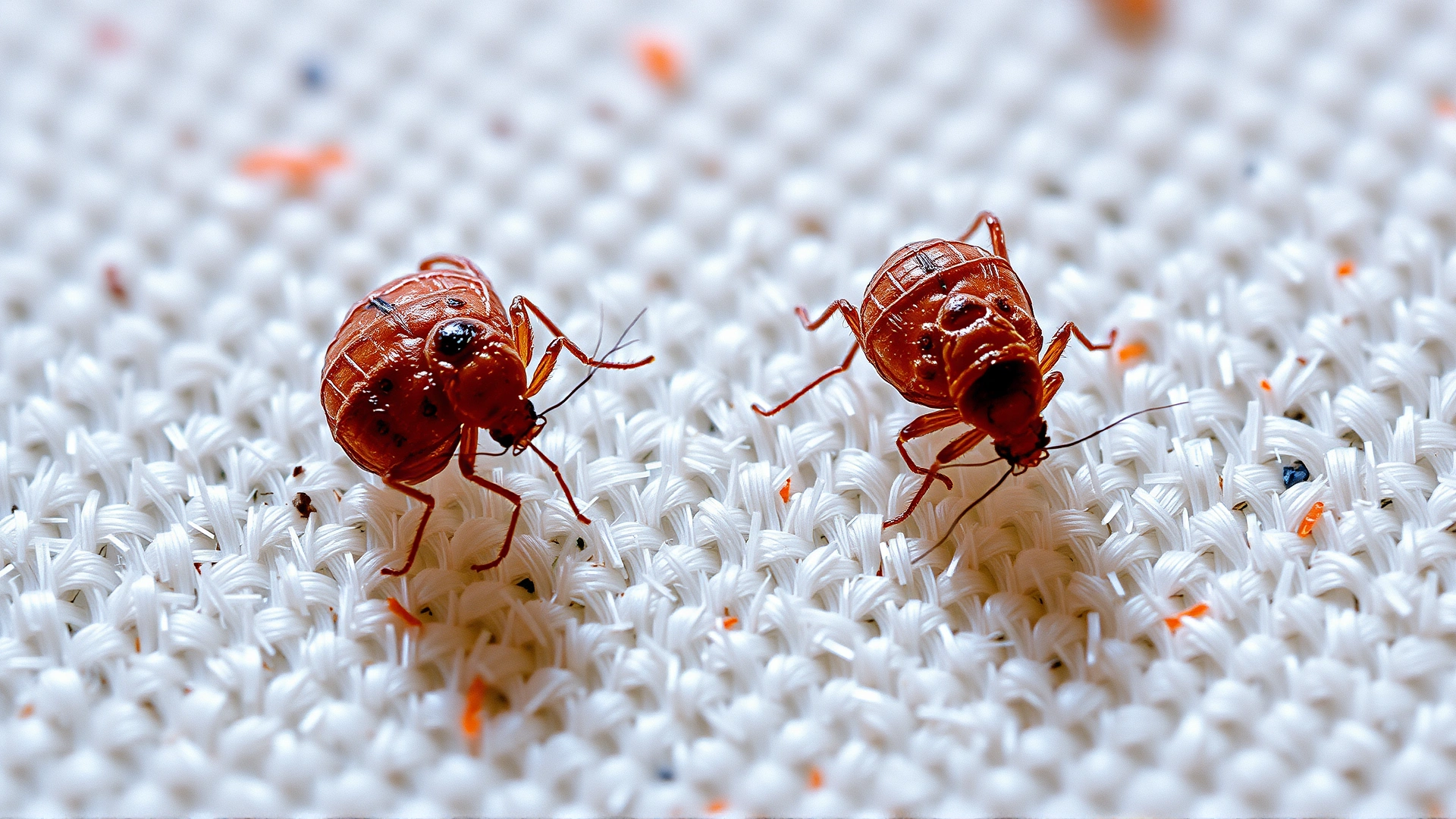 Highly detailed macro photograph of dust mites crawling on woven fabric fibers, illustrating hidden allergens.